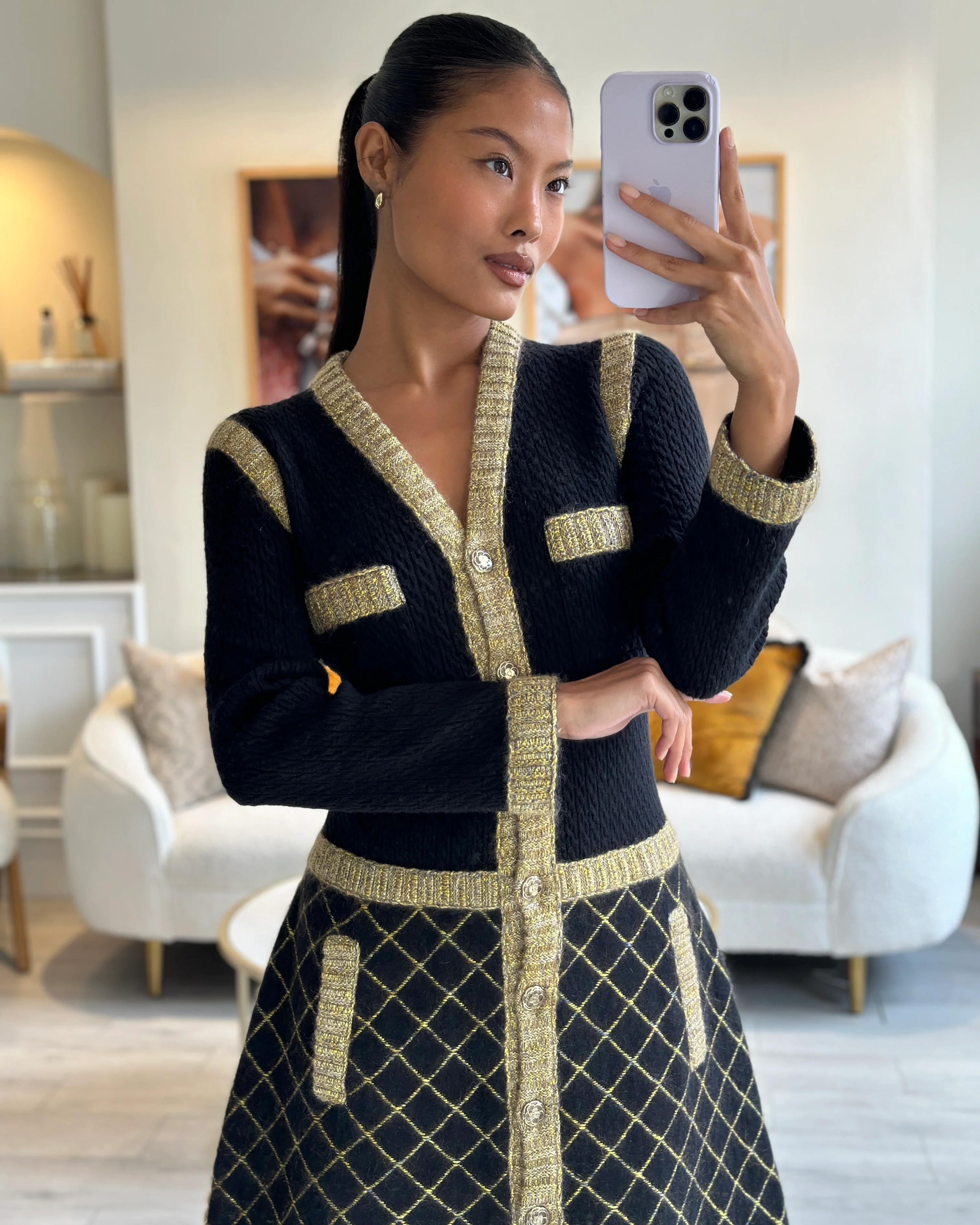 Chanel 15/A Black Long Sleeve Tweed Midi Dress Size FR 40 (UK 12) - Image 7