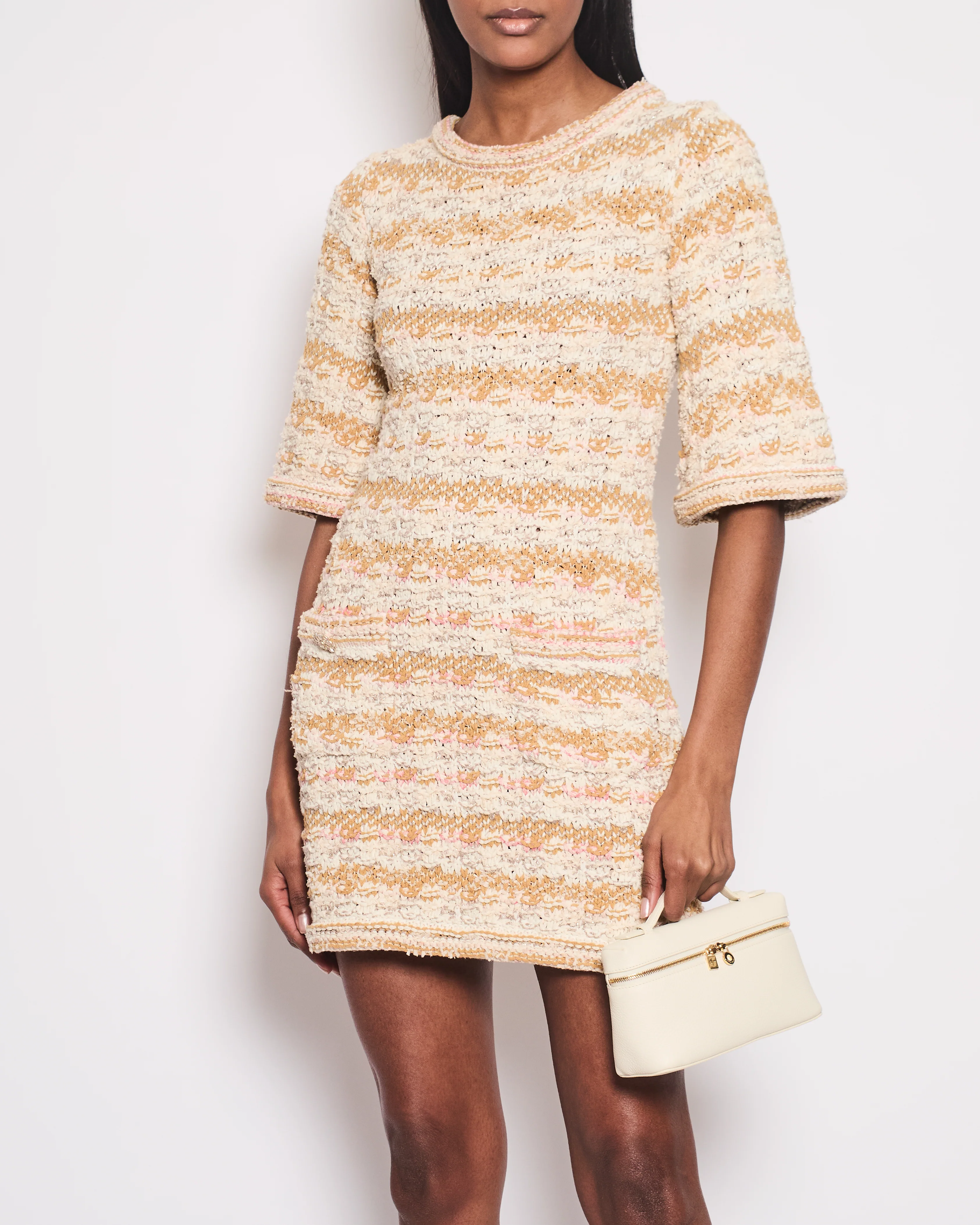 Chanel 15C Ivory, Cream & Pink Tweed Dress with 3/4 Sleeves & Crystal Camellia Buttons Detail Set Size FR 34 (UK 6) - Image 2