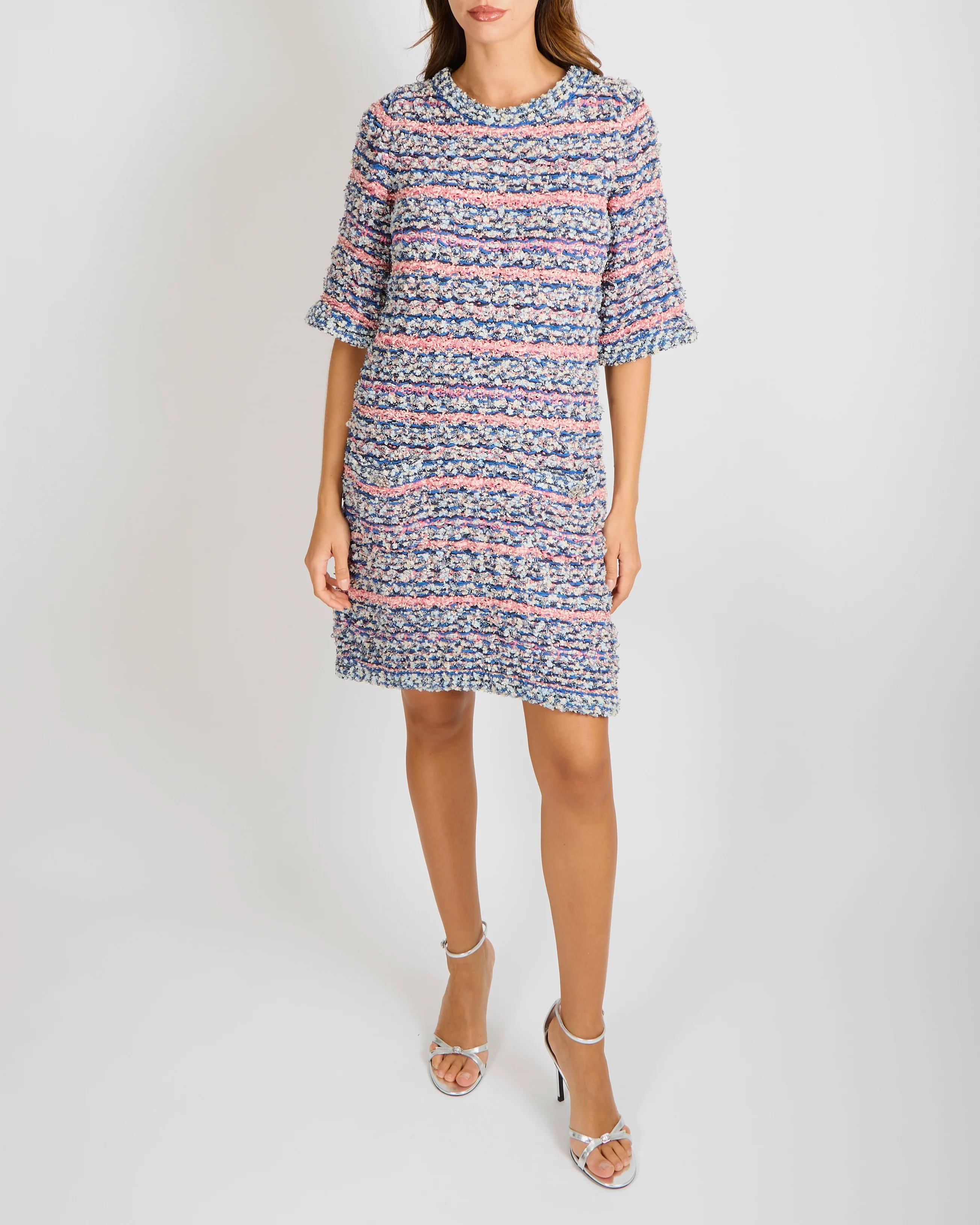 Chanel 15C Dubai Blue and Pink Knitted Short-Sleeved Mini Dress with Silver Crystal Embellished CC Logo Buttons Detail Size FR 40 (UK 12)