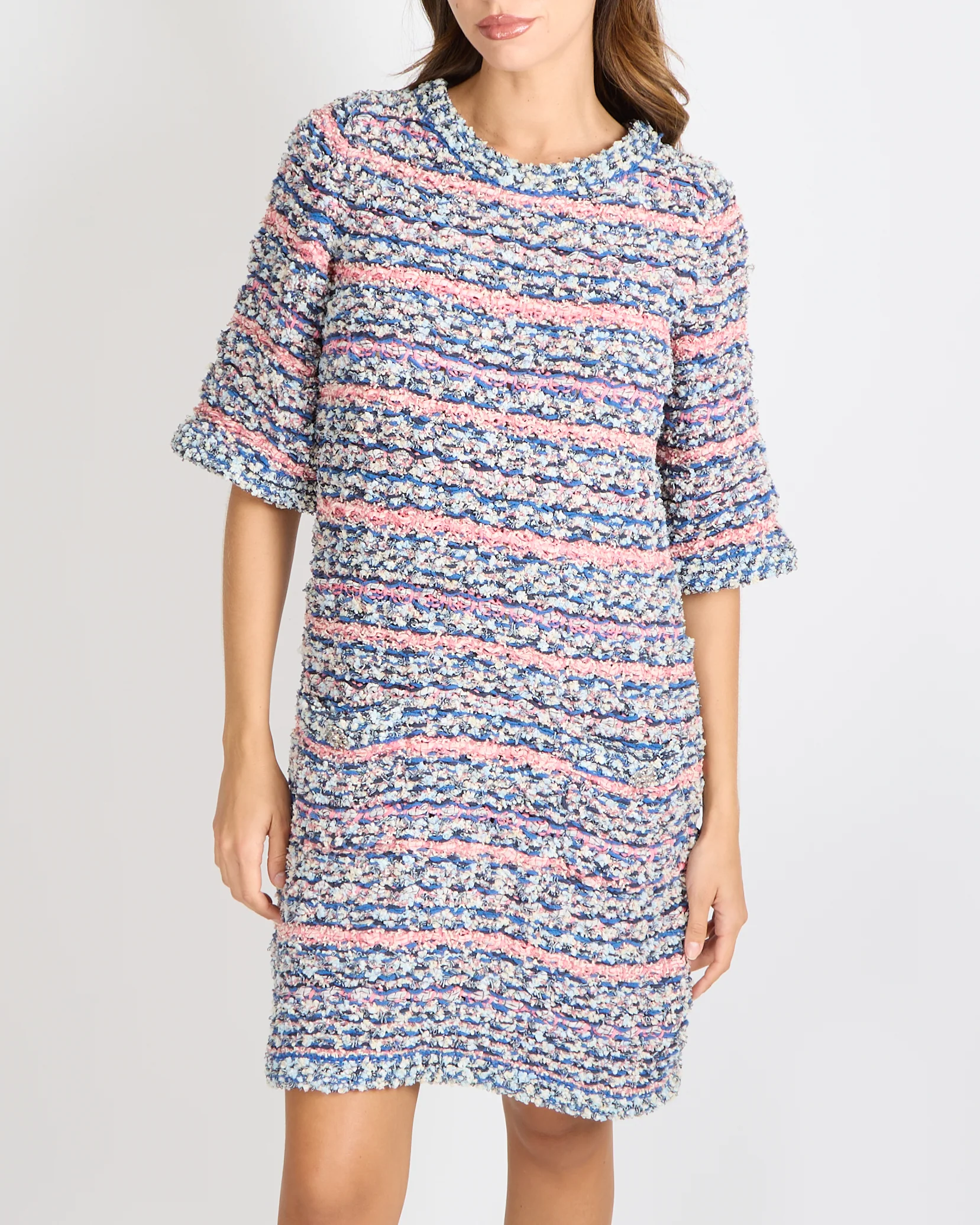 Chanel 15C Dubai Blue and Pink Knitted Short-Sleeved Mini Dress with Silver Crystal Embellished CC Logo Buttons Detail Size FR 40 (UK 12) - Image 2