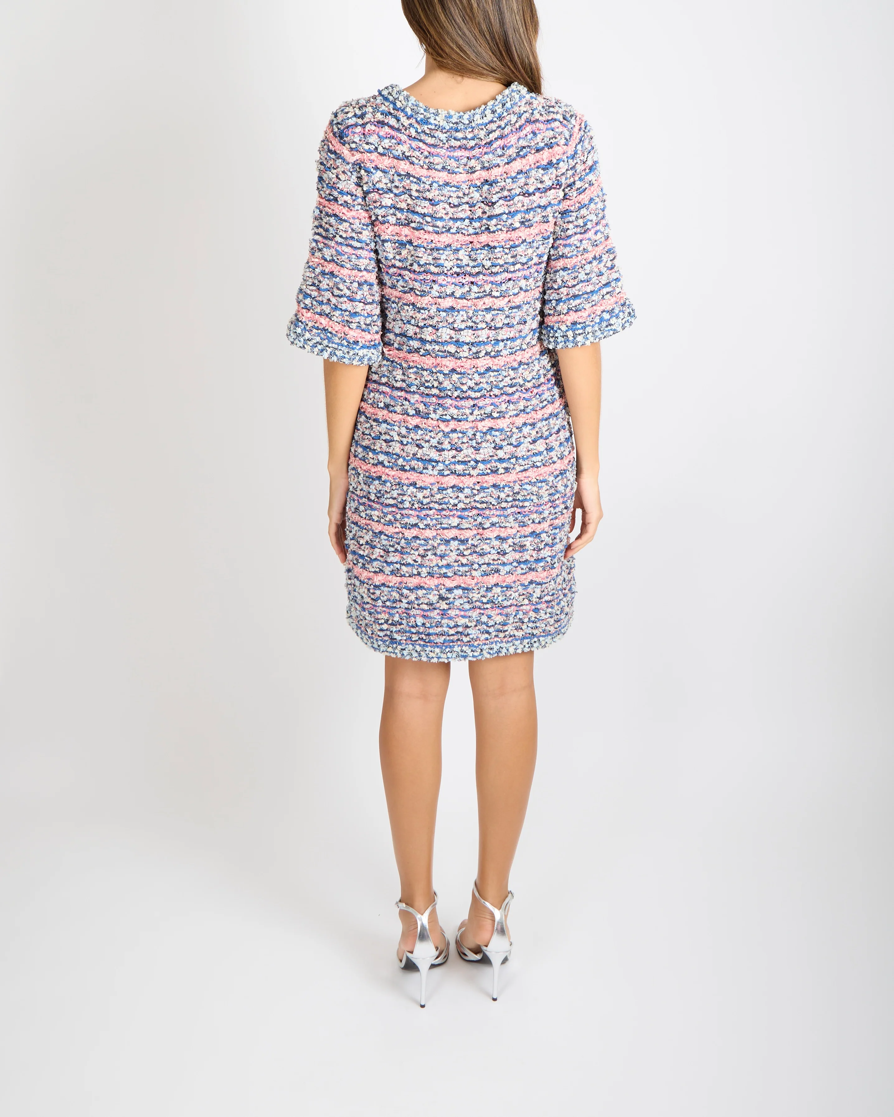 Chanel 15C Dubai Blue and Pink Knitted Short-Sleeved Mini Dress with Silver Crystal Embellished CC Logo Buttons Detail Size FR 40 (UK 12) - Image 3