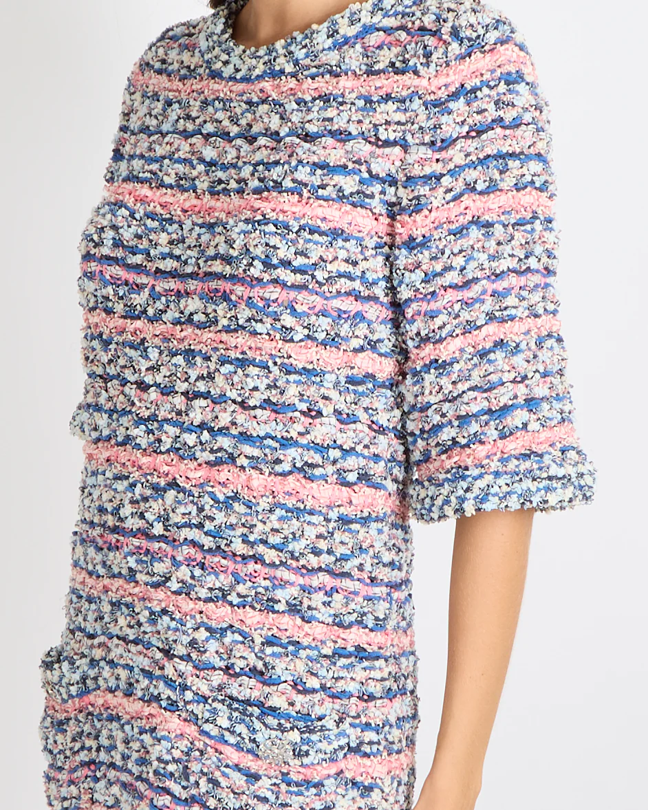 Chanel 15C Dubai Blue and Pink Knitted Short-Sleeved Mini Dress with Silver Crystal Embellished CC Logo Buttons Detail Size FR 40 (UK 12) - Image 4