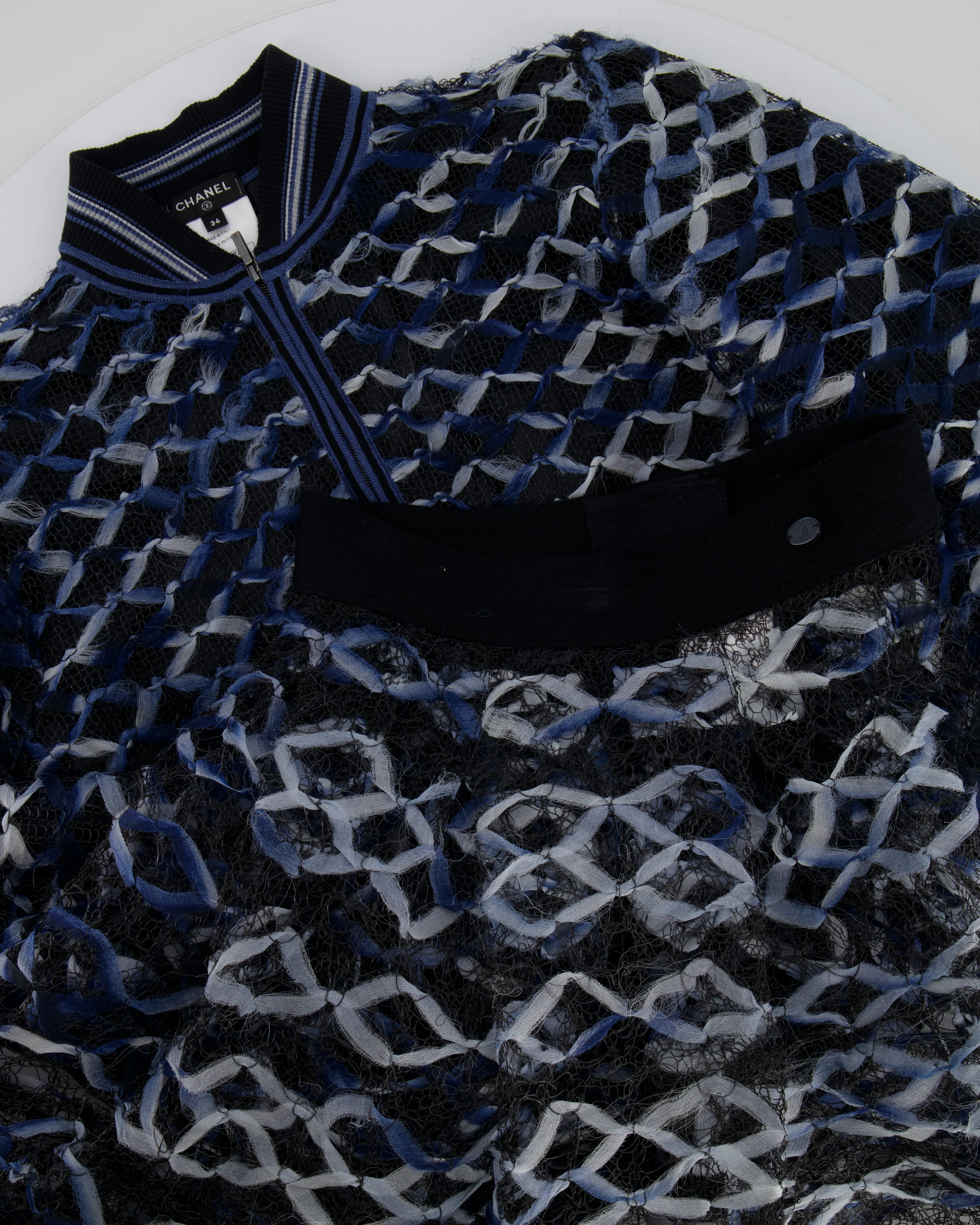 Chanel 18S Black, White and Blue Fishnet Mini Skirt and Jacket Set Size FR 34 (UK 6) RRP £6,850 - Image 8