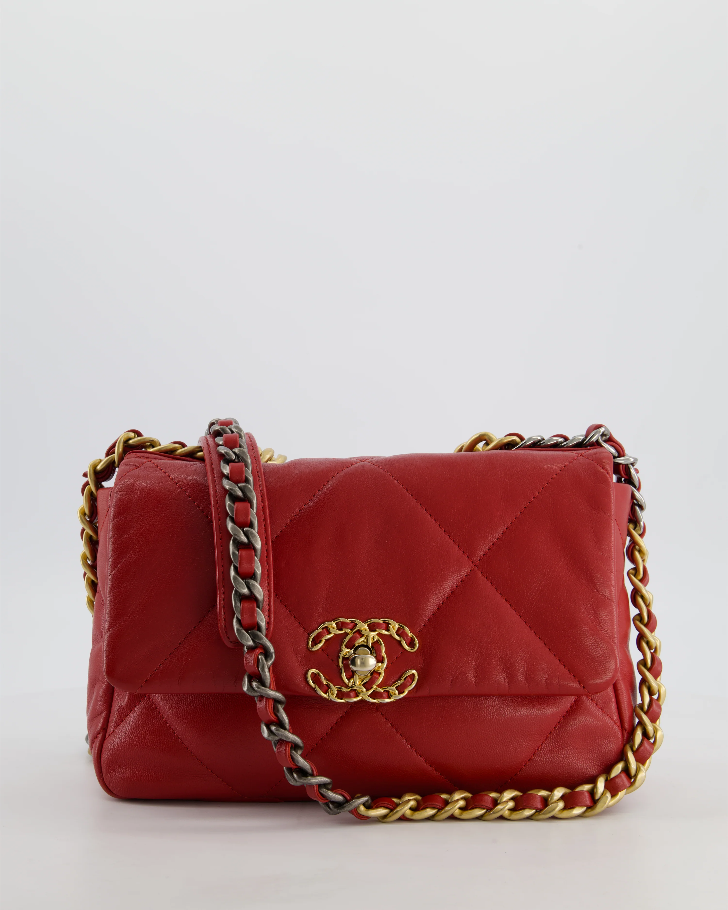 Chanel 19 Small Flap Bag in Deep Red Goatskin Leather with Mixed Hardware
