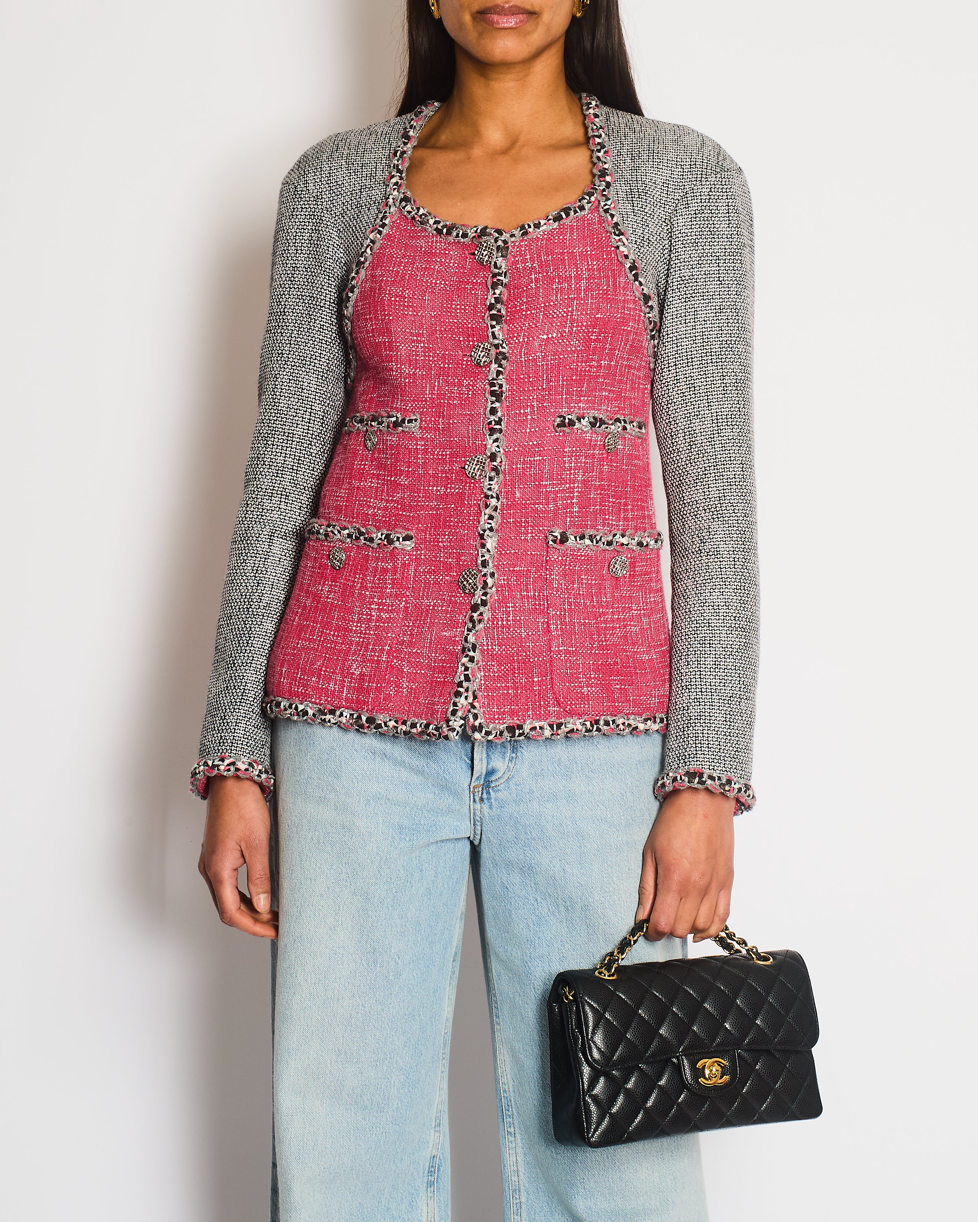 Chanel 14P Pink and Grey Braided Trim Tweed Jacket with CC Logo Button Detailing Size FR 36 (UK 8)