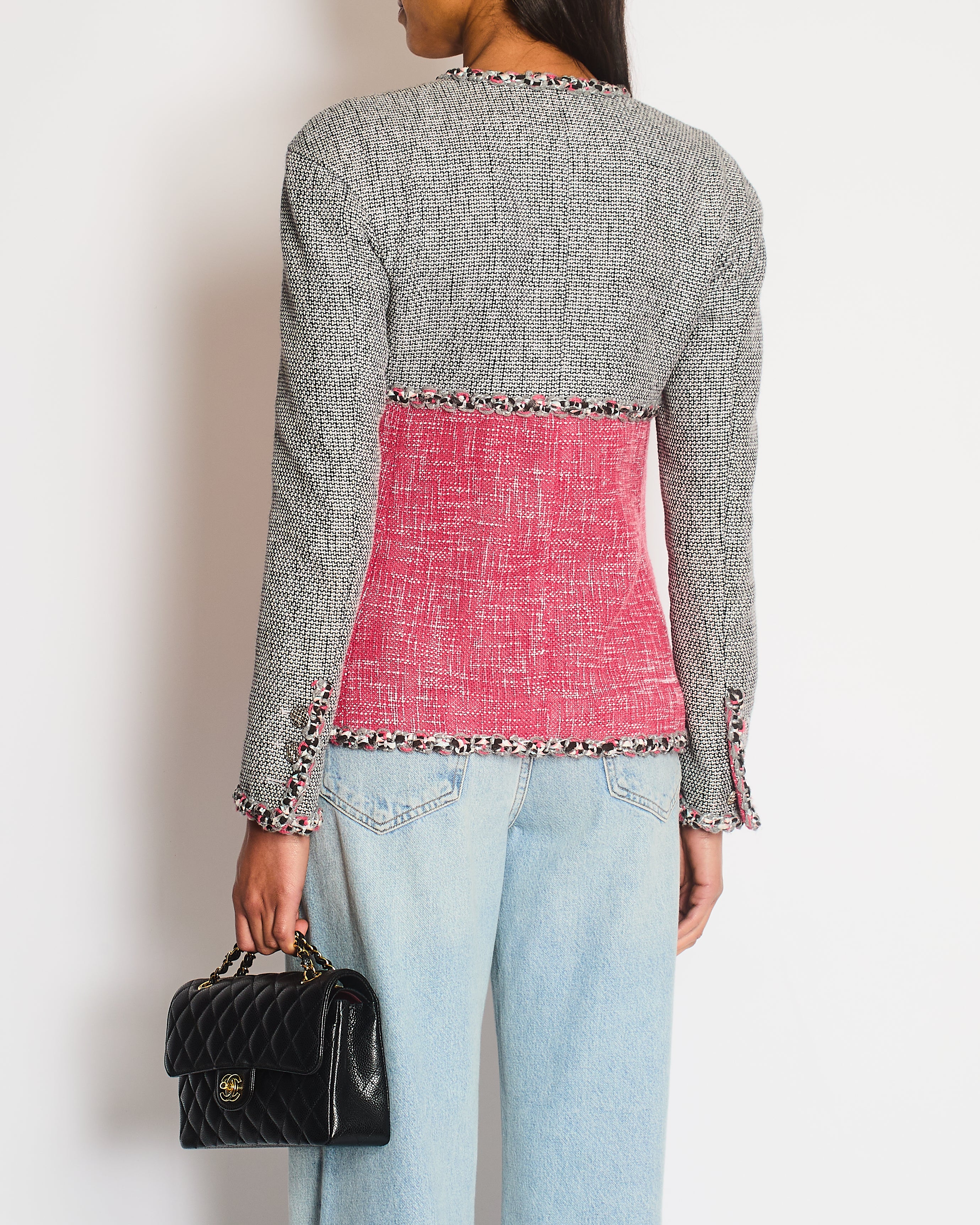 Chanel 14P Pink and Grey Braided Trim Tweed Jacket with CC Logo Button Detailing Size FR 36 (UK 8) - Image 2