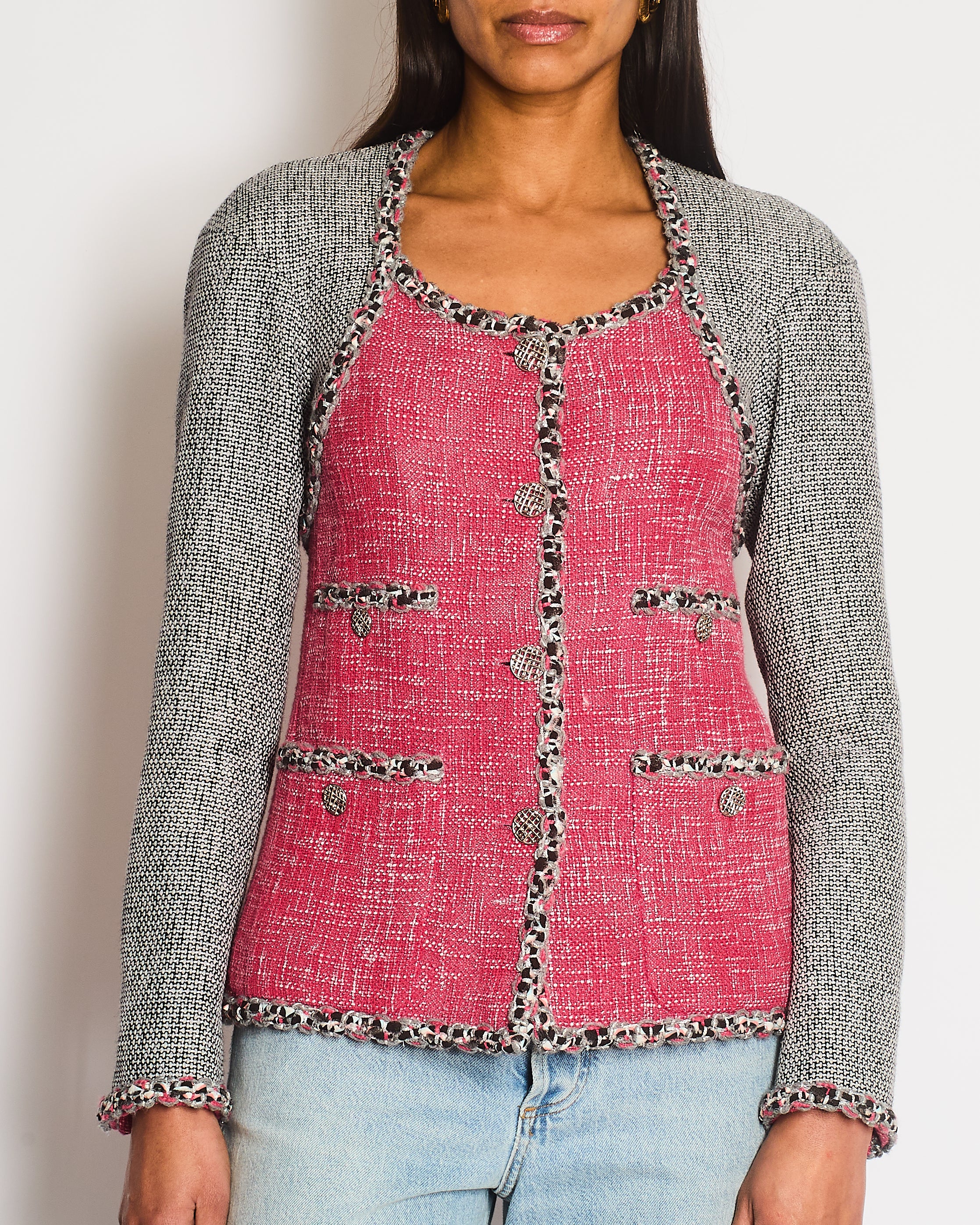 Chanel 14P Pink and Grey Braided Trim Tweed Jacket with CC Logo Button Detailing Size FR 36 (UK 8) - Image 3