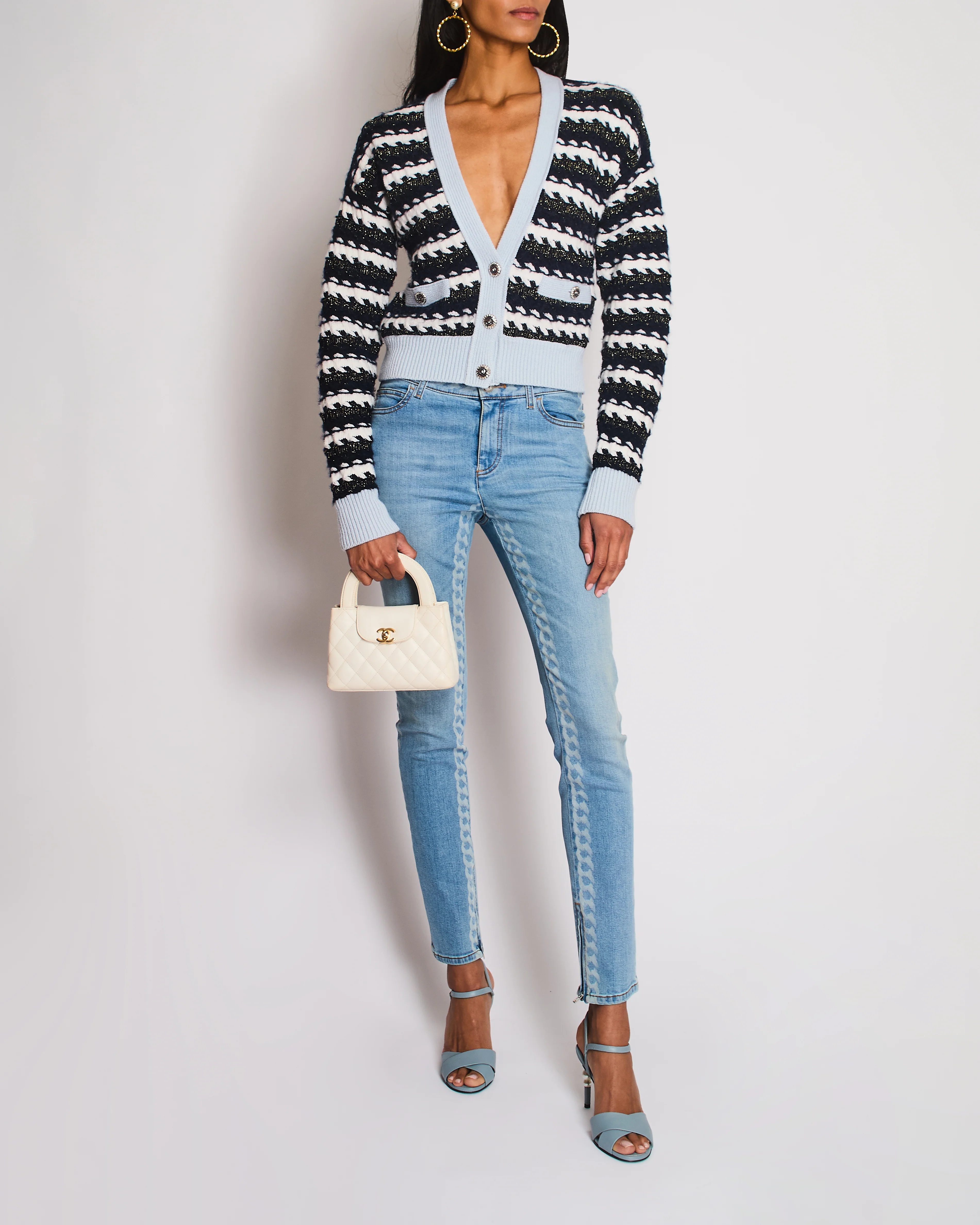 Chanel Spring 2019 Light Blue Skinny Jeans with Chain Print, Back Brown CC Logo Detail and Zips Size FR 34 (UK 6)