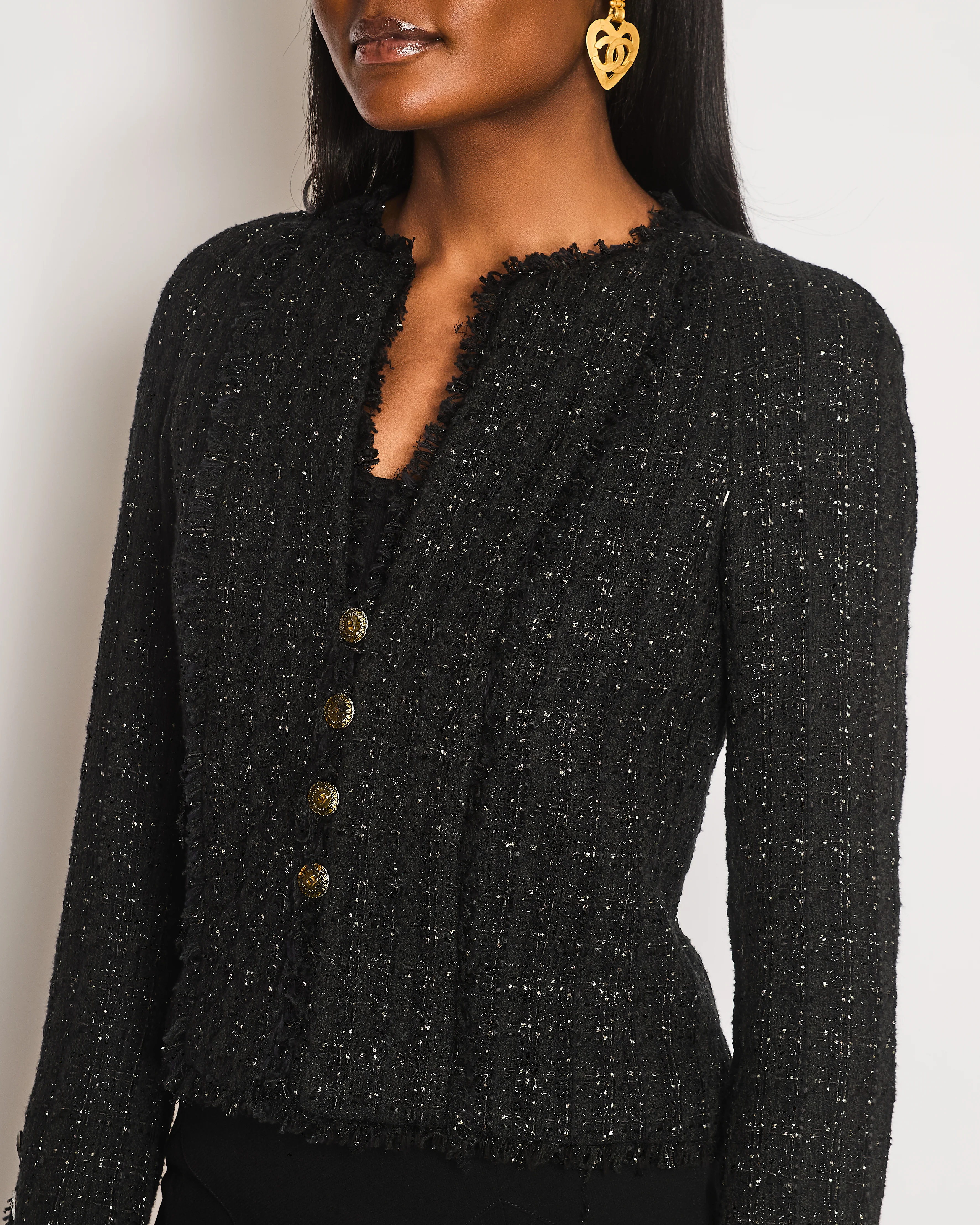 Chanel 2005 Black Tweed Single Breasted Jacket with Frayed Trim Detail Size FR 36 (UK 8) - Image 2