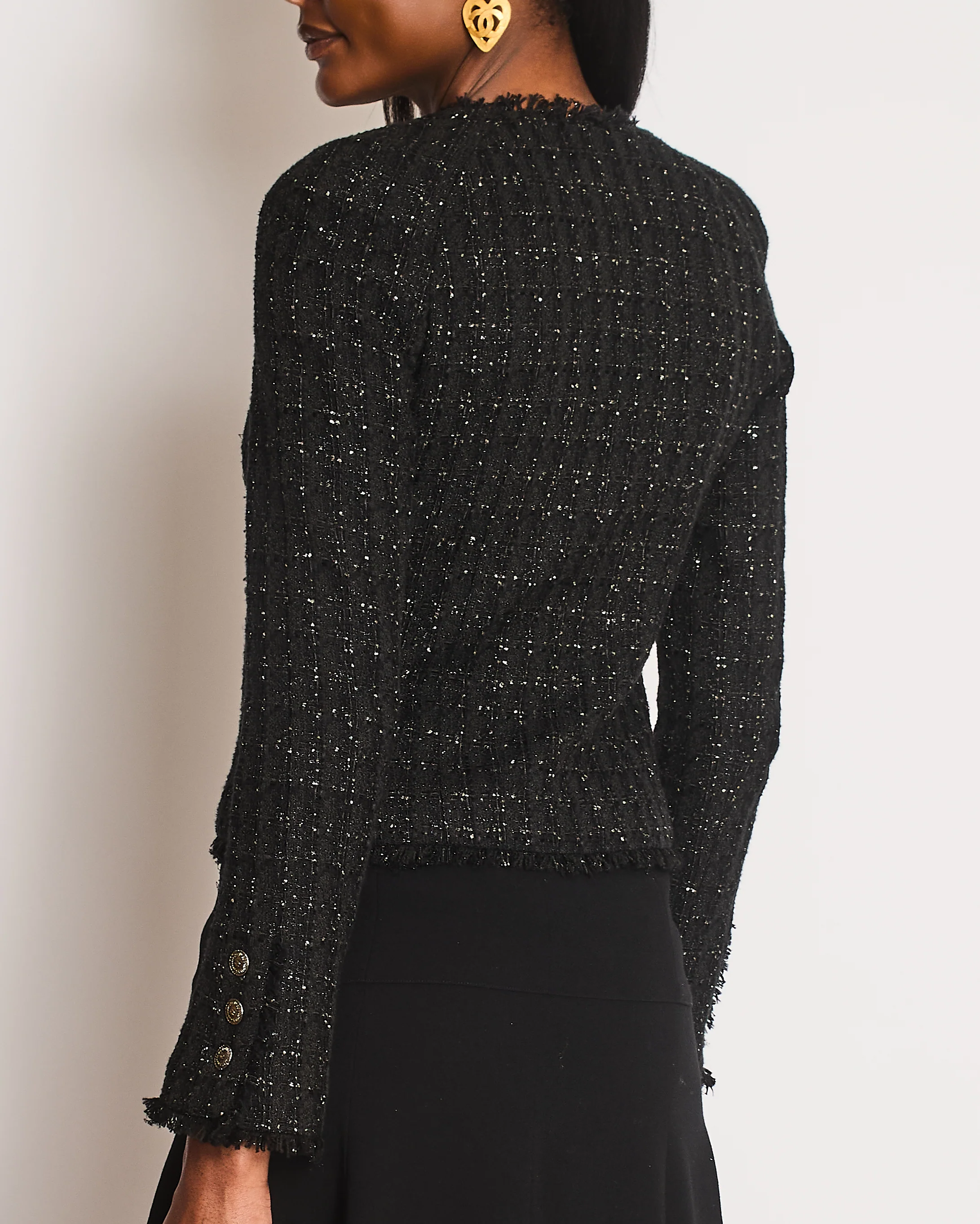 Chanel 2005 Black Tweed Single Breasted Jacket with Frayed Trim Detail Size FR 36 (UK 8) - Image 6