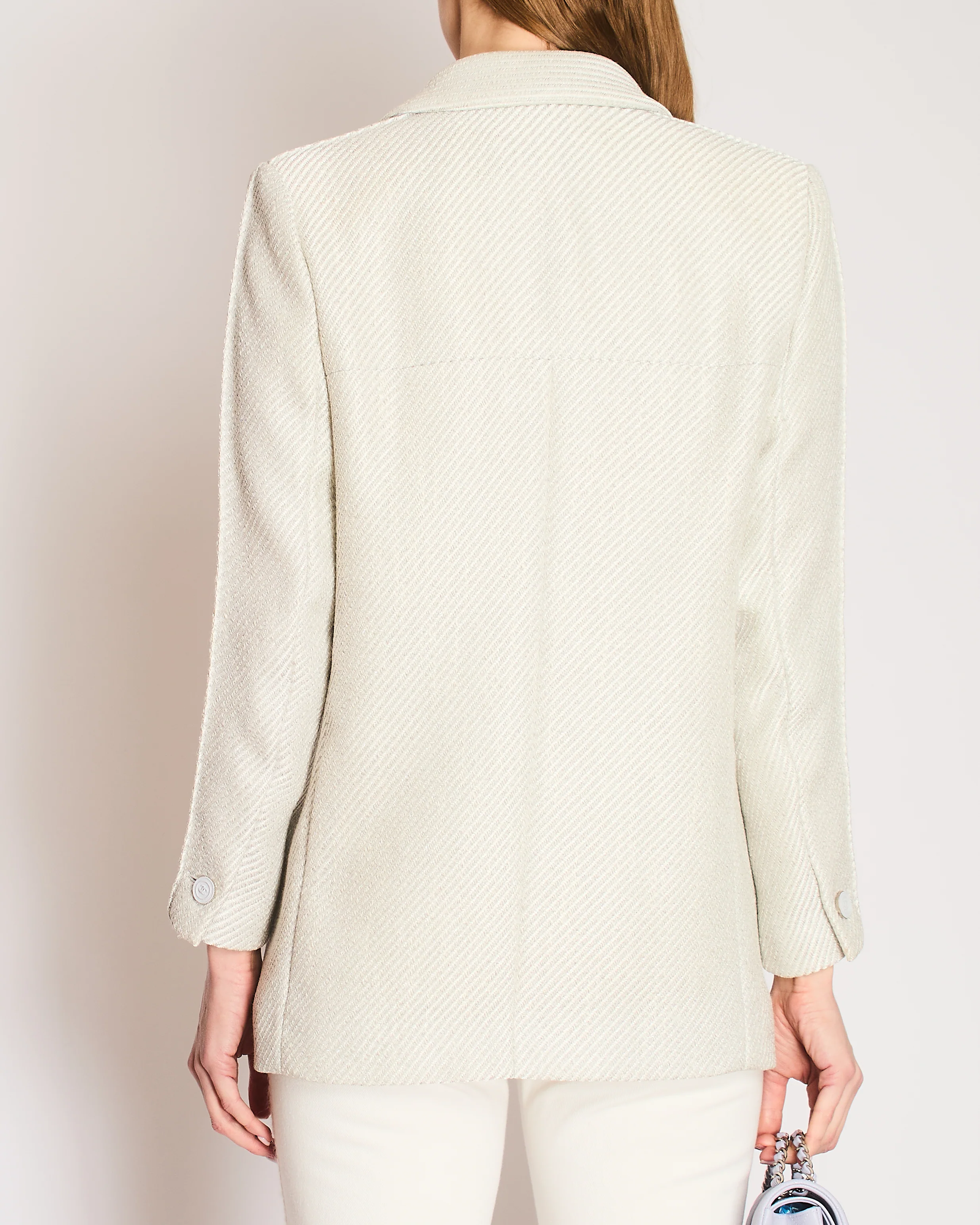 Chanel 2014 Spring / Summer Grey & Cream Metallic Tweed Double Breasted Jacket with Grey Logo Buttons & Pockets Details Size FR 42 (UK 14) - Image 3