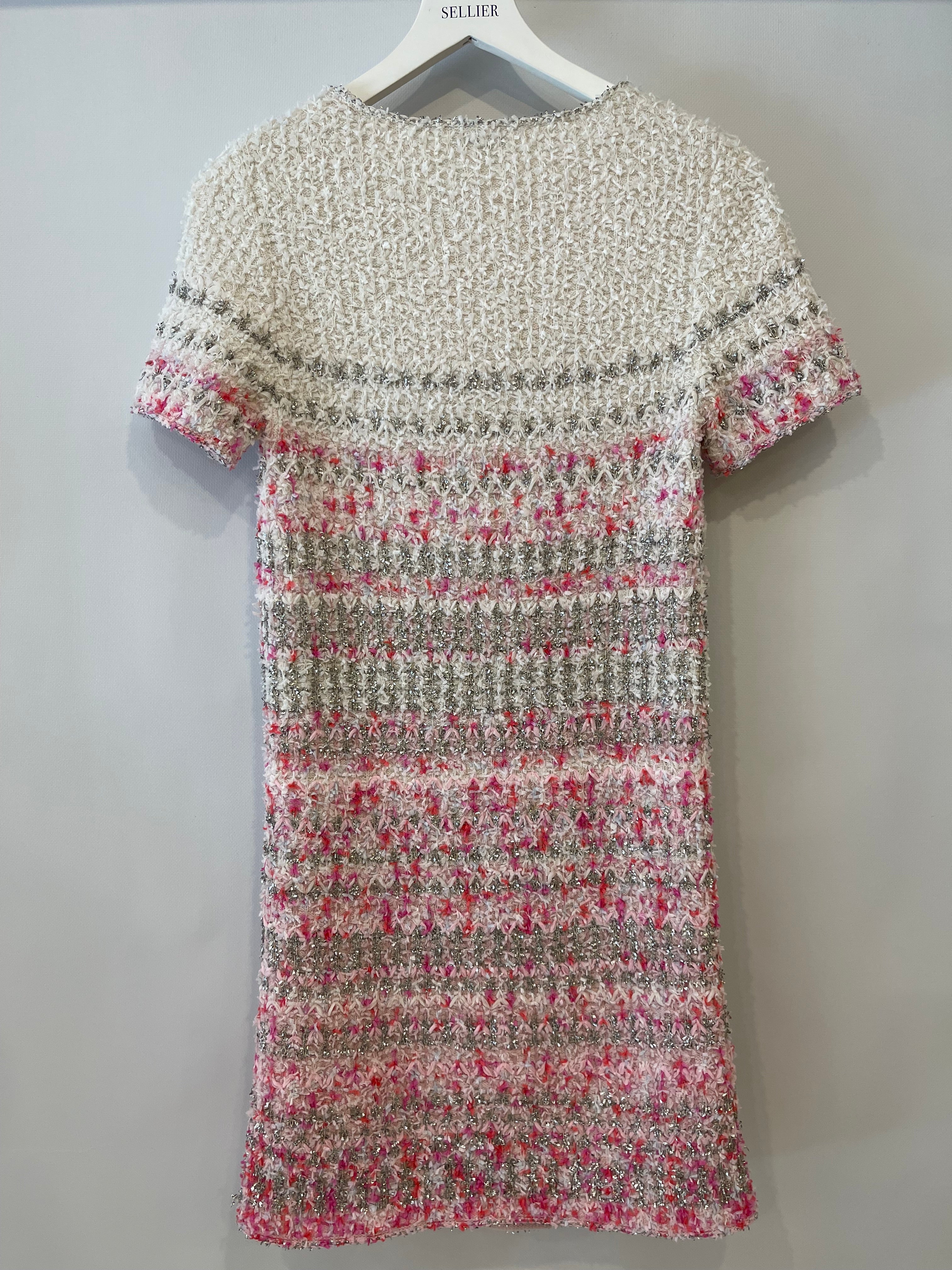 Chanel 2018 Waterfall Collection White, Pink and Silver Short Sleeve Tweed Midi Dress with Size FR 34 (UK 6) - Image 10