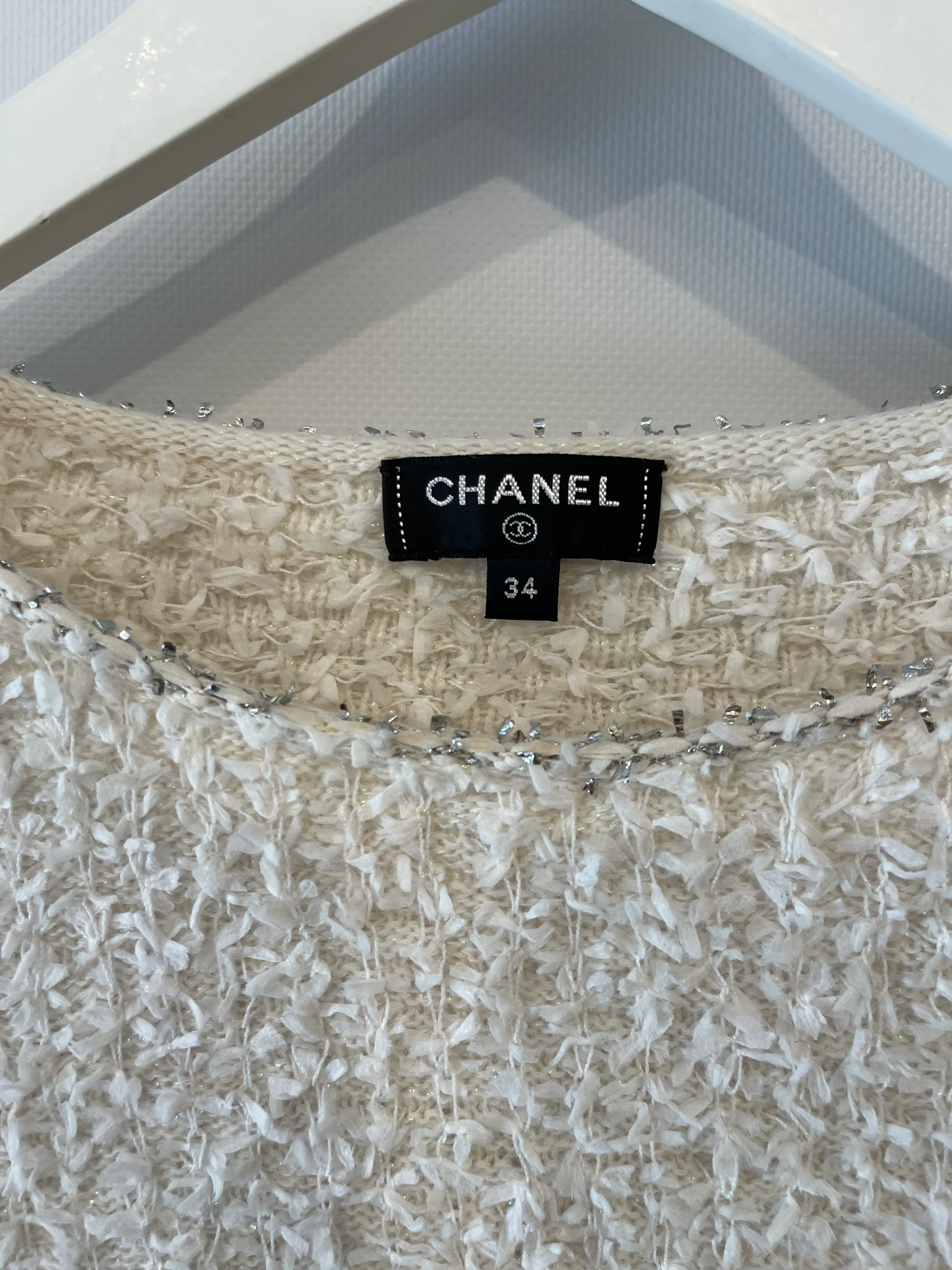 Chanel 2018 Waterfall Collection White, Pink and Silver Short Sleeve Tweed Midi Dress with Size FR 34 (UK 6) - Image 11