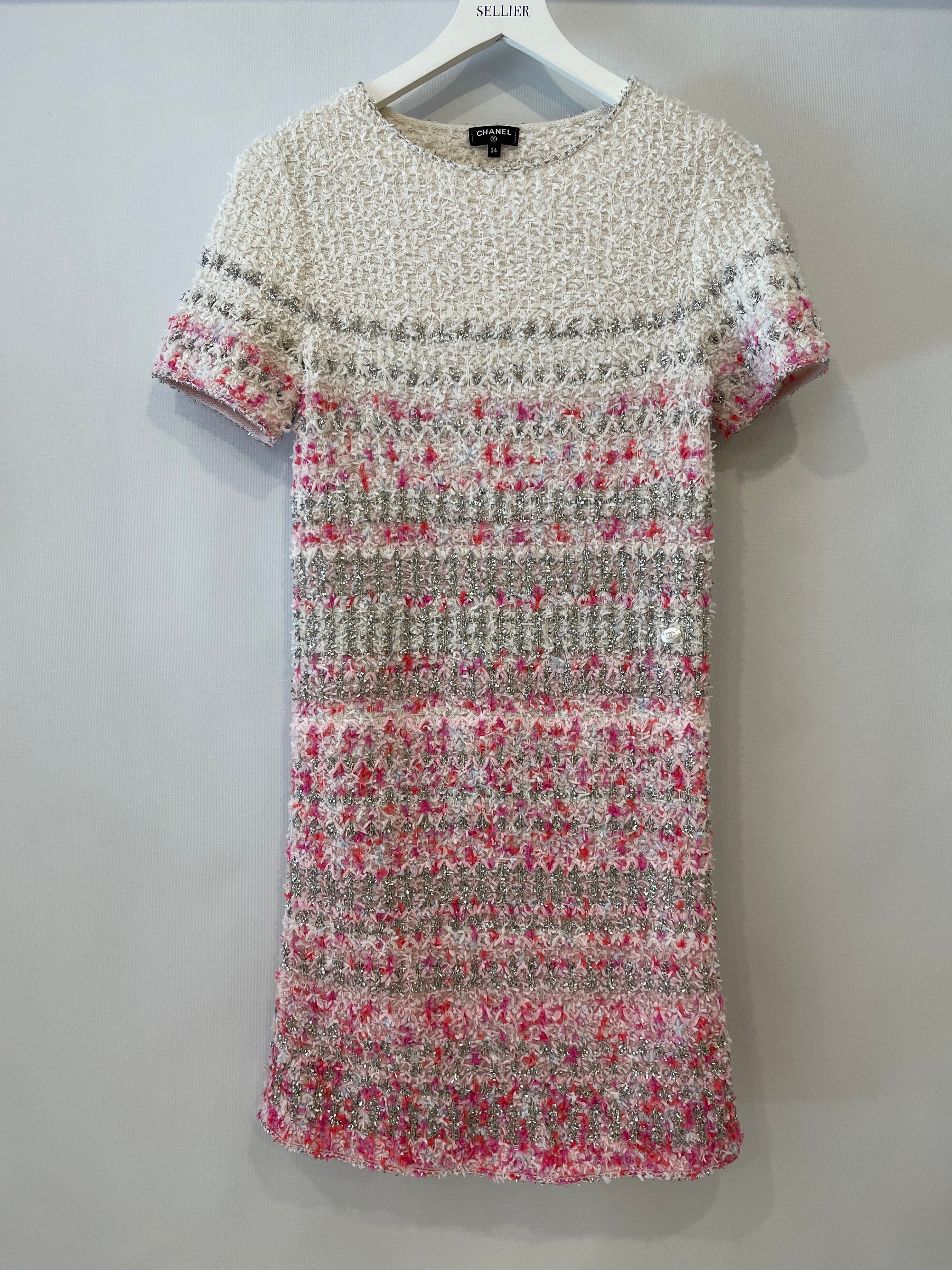 Chanel 2018 Waterfall Collection White, Pink and Silver Short Sleeve Tweed Midi Dress with Size FR 34 (UK 6) - Image 8