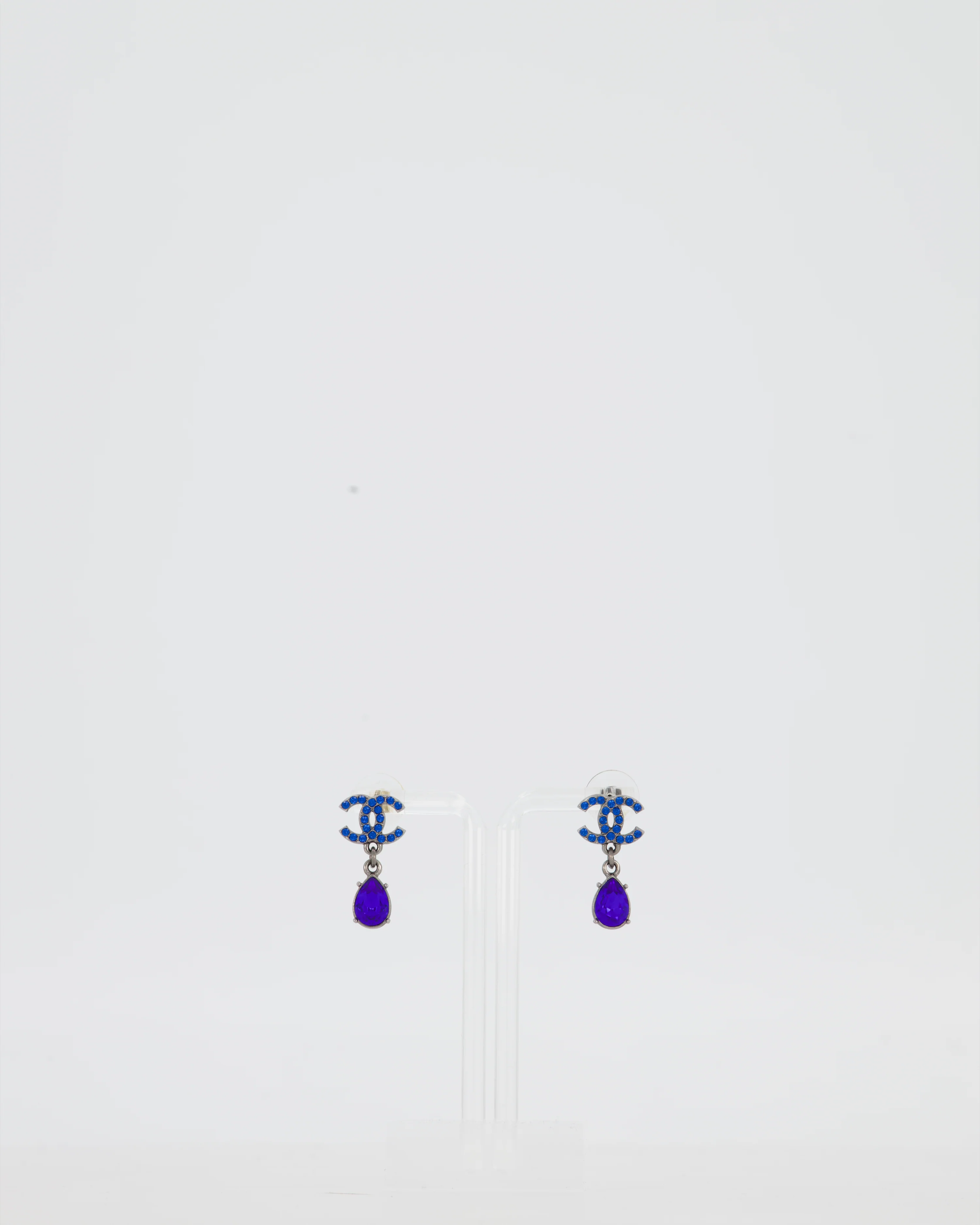 Chanel 19A Egyptian Collection Gunmental CC Logo Earrings with Blue Crystals
