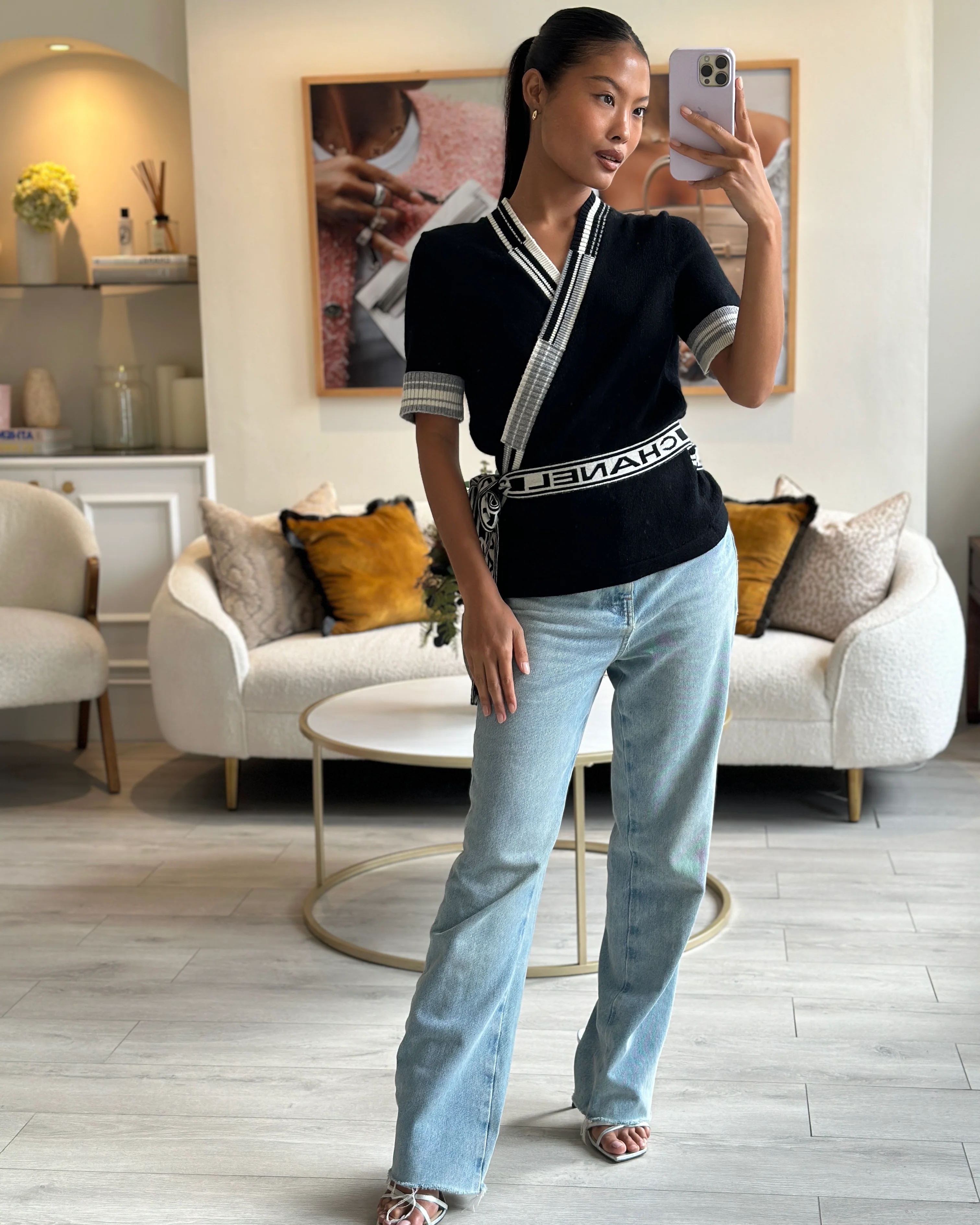 Chanel 2020 Black V-Neck Short Sleeve Wrap Cardigan with Logo Detail Size FR 38 (UK 10) - Image 6