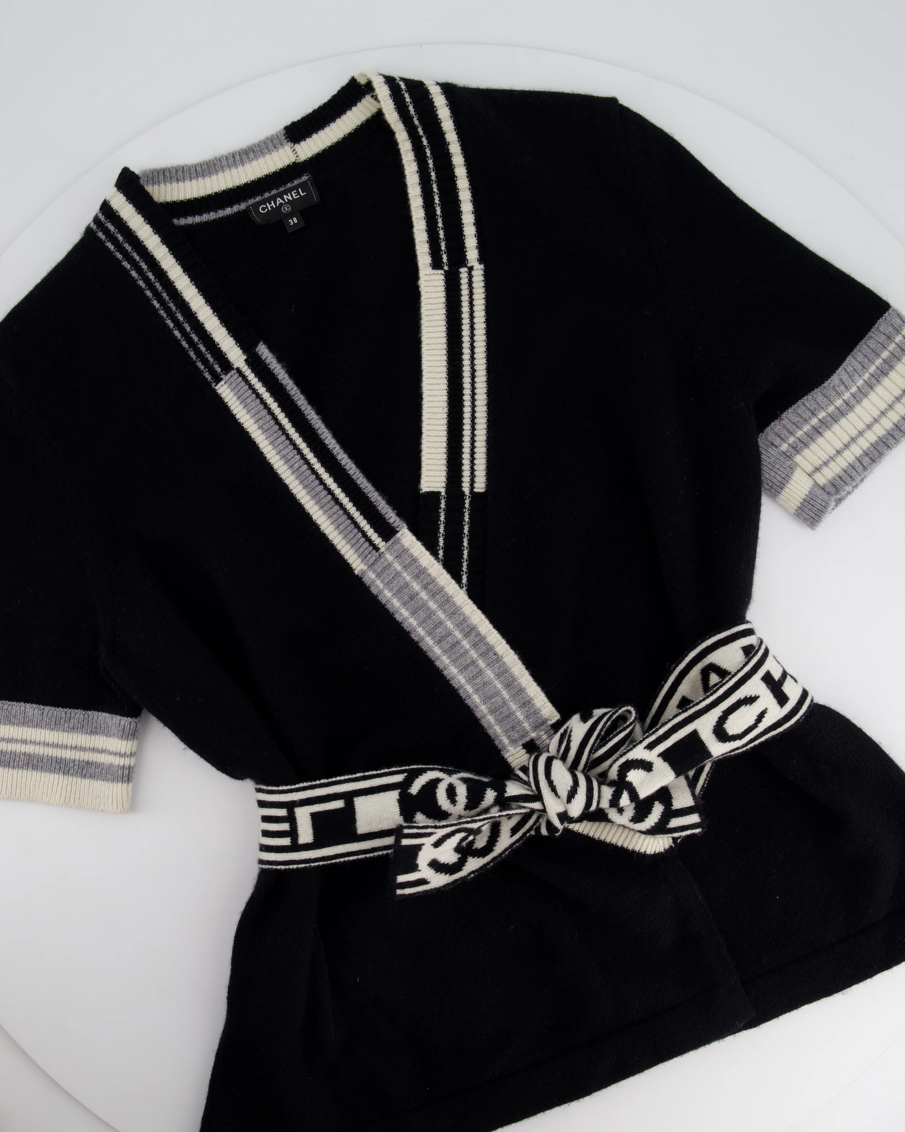 Chanel 2020 Black V-Neck Short Sleeve Wrap Cardigan with Logo Detail Size FR 38 (UK 10) - Image 8