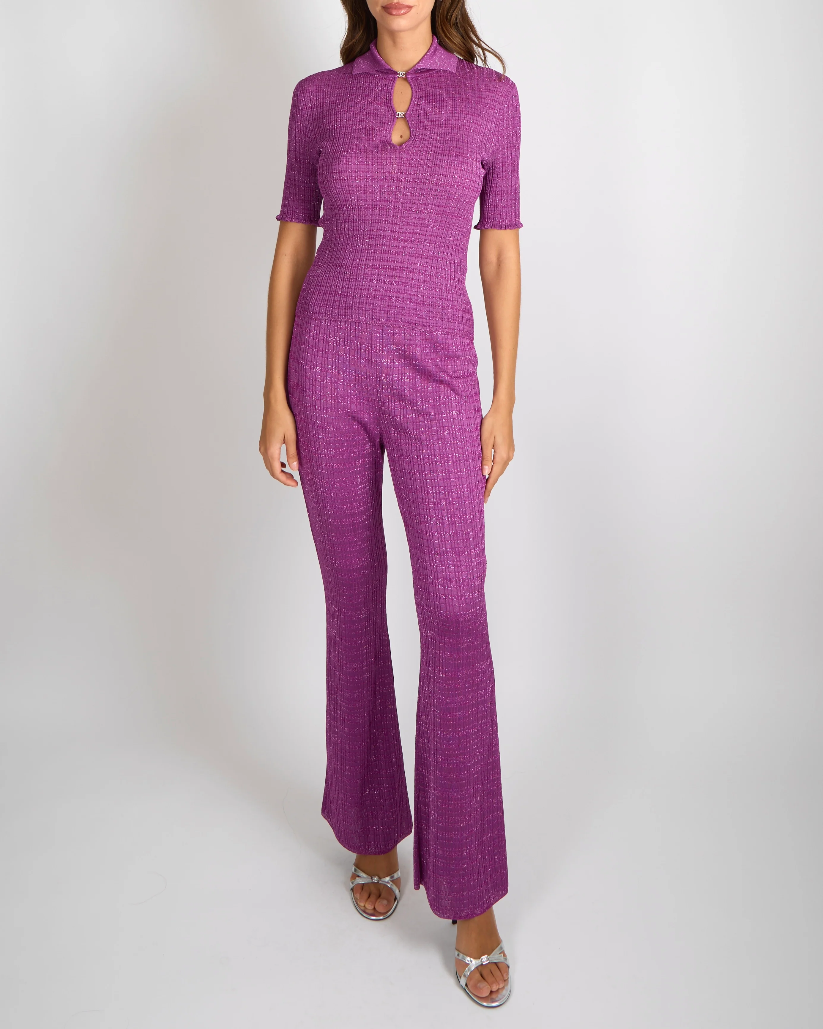 Chanel 2022 Purple Shimmery Mock Neck Short Sleeved Top and Trouser Set with Pink and Silver Gradient Crystal Embellished CC Logos Size FR 38 (UK 10)