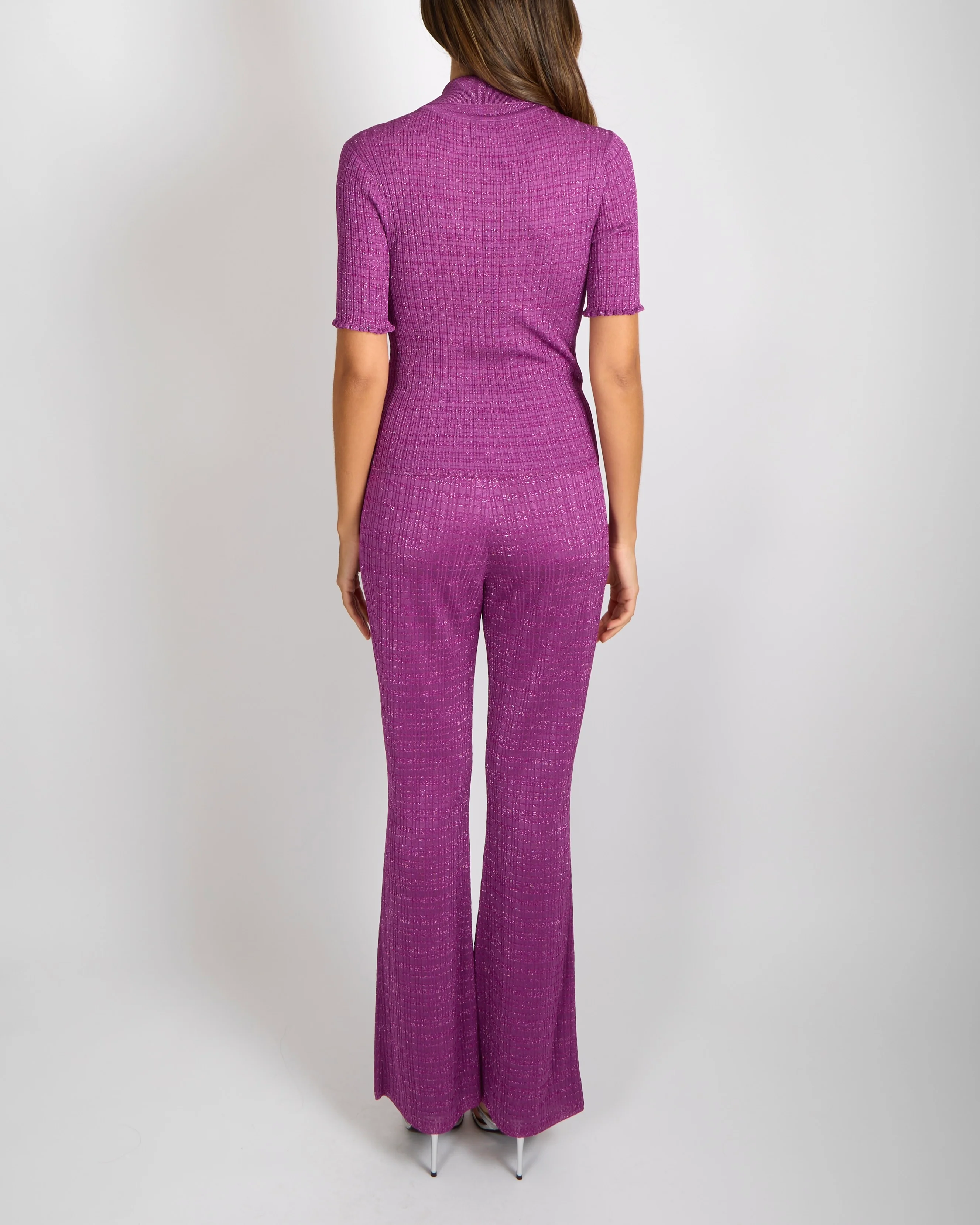 Chanel 2022 Purple Shimmery Mock Neck Short Sleeved Top and Trouser Set with Pink and Silver Gradient Crystal Embellished CC Logos Size FR 38 (UK 10) - Image 7