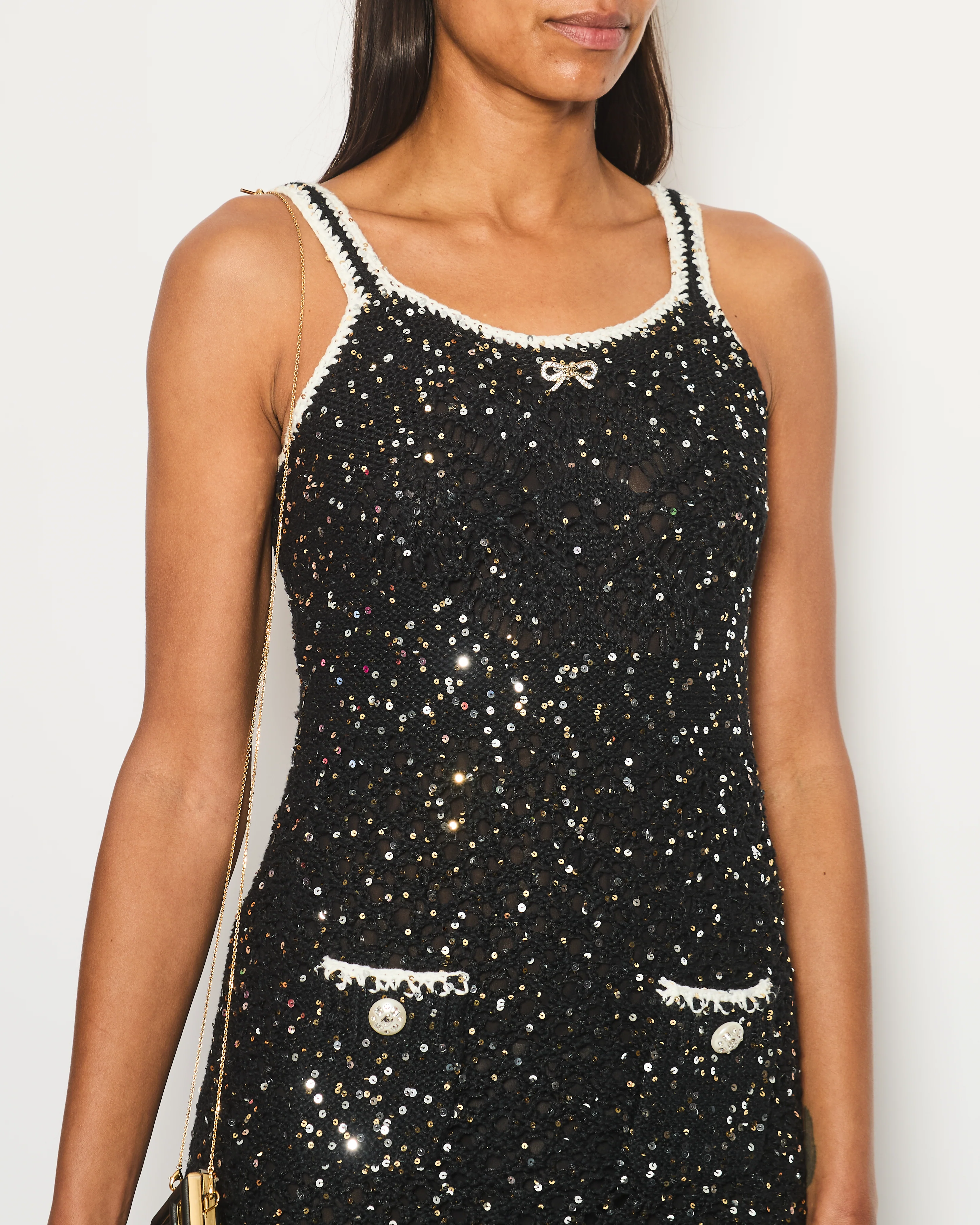 Chanel SS/23 Black Sequin Embellished Mini Dress with Bow and CC Crystal Buttons Details Size FR 36 (UK 8) - Image 3