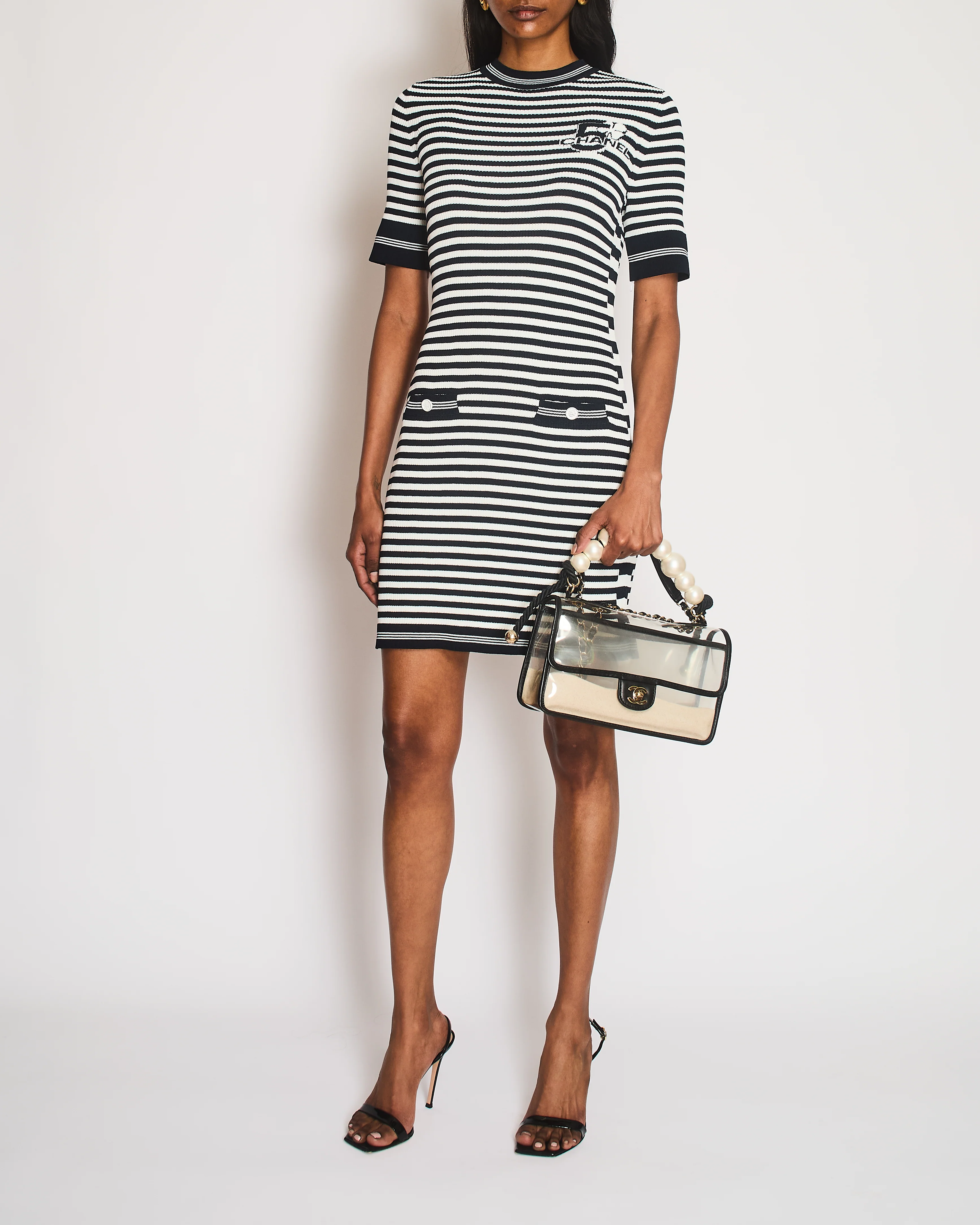 Chanel 2023 Black Backless Striped No5 Logo Short Sleeve Midi Dress with Pocket Detail Size FR 36 (UK 8)