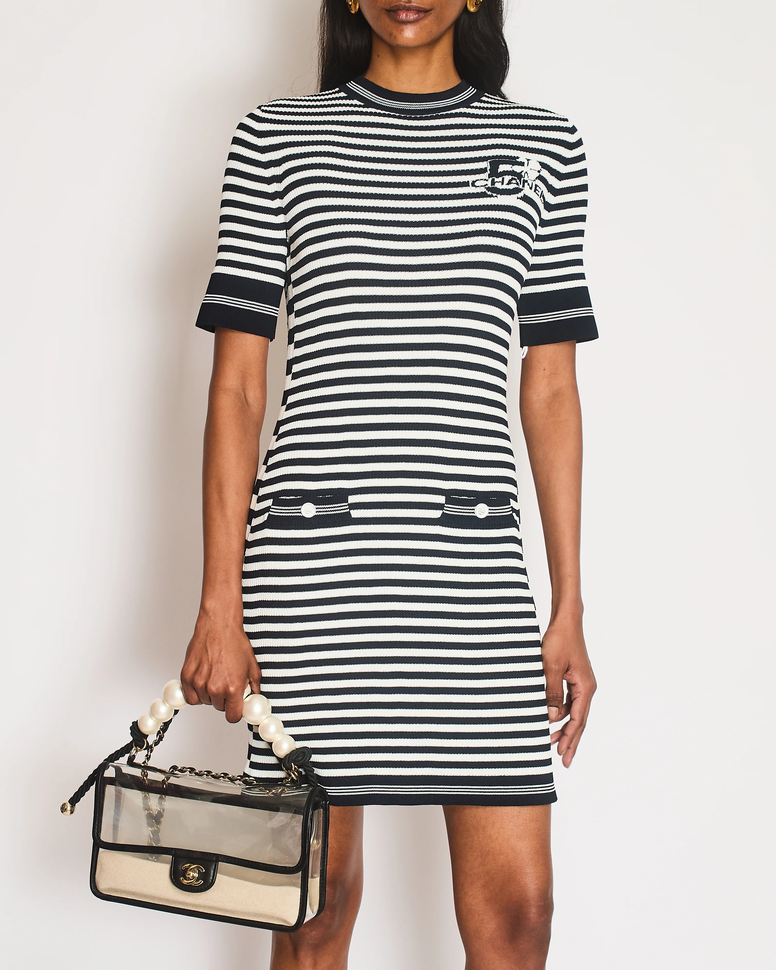 Chanel 2023 Black Backless Striped No5 Logo Short Sleeve Midi Dress with Pocket Detail Size FR 36 (UK 8) - Image 2