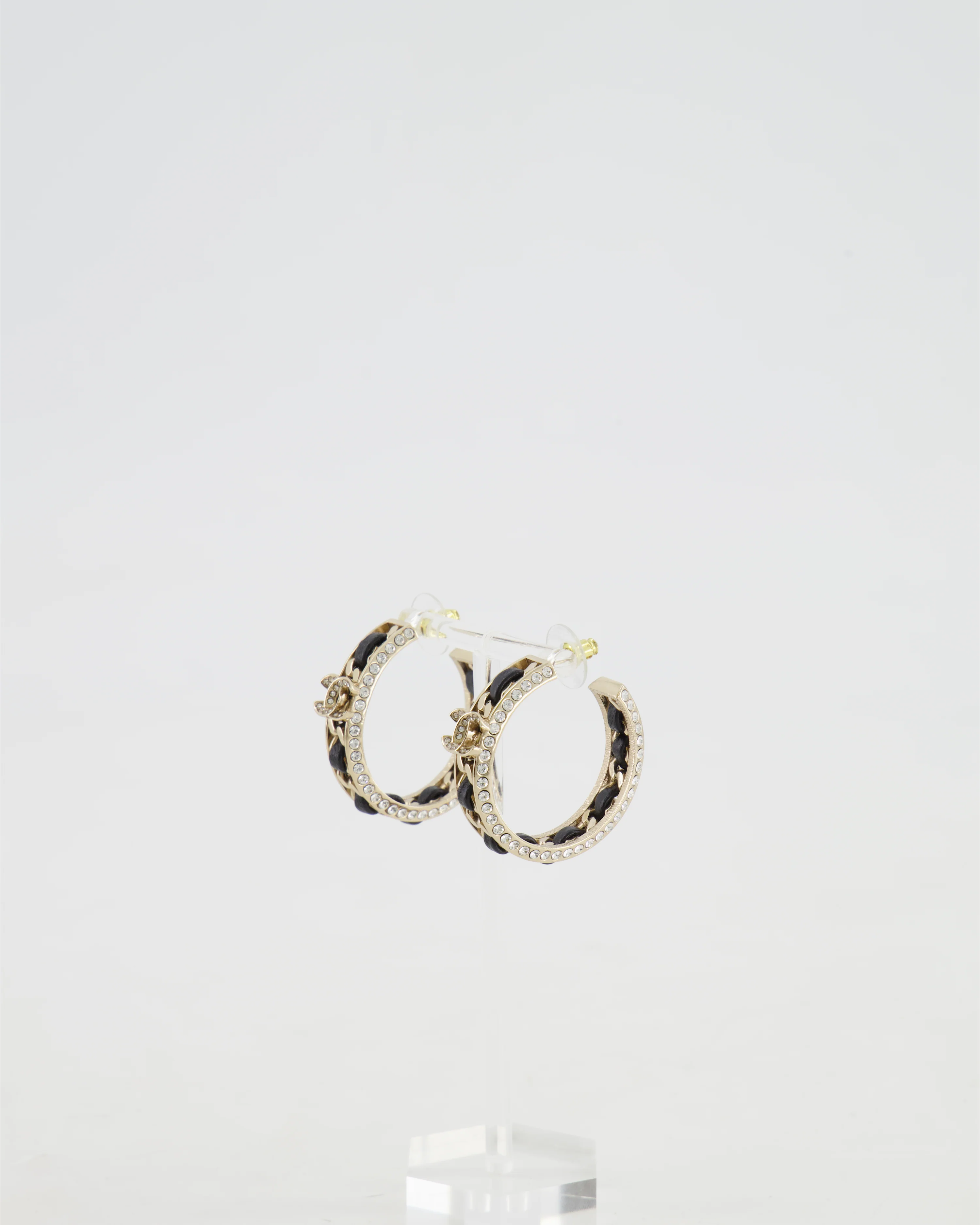 Chanel 2023 Gold, Black Leather and Crystal Embellished CC Logo Hoop Earrings - Image 3