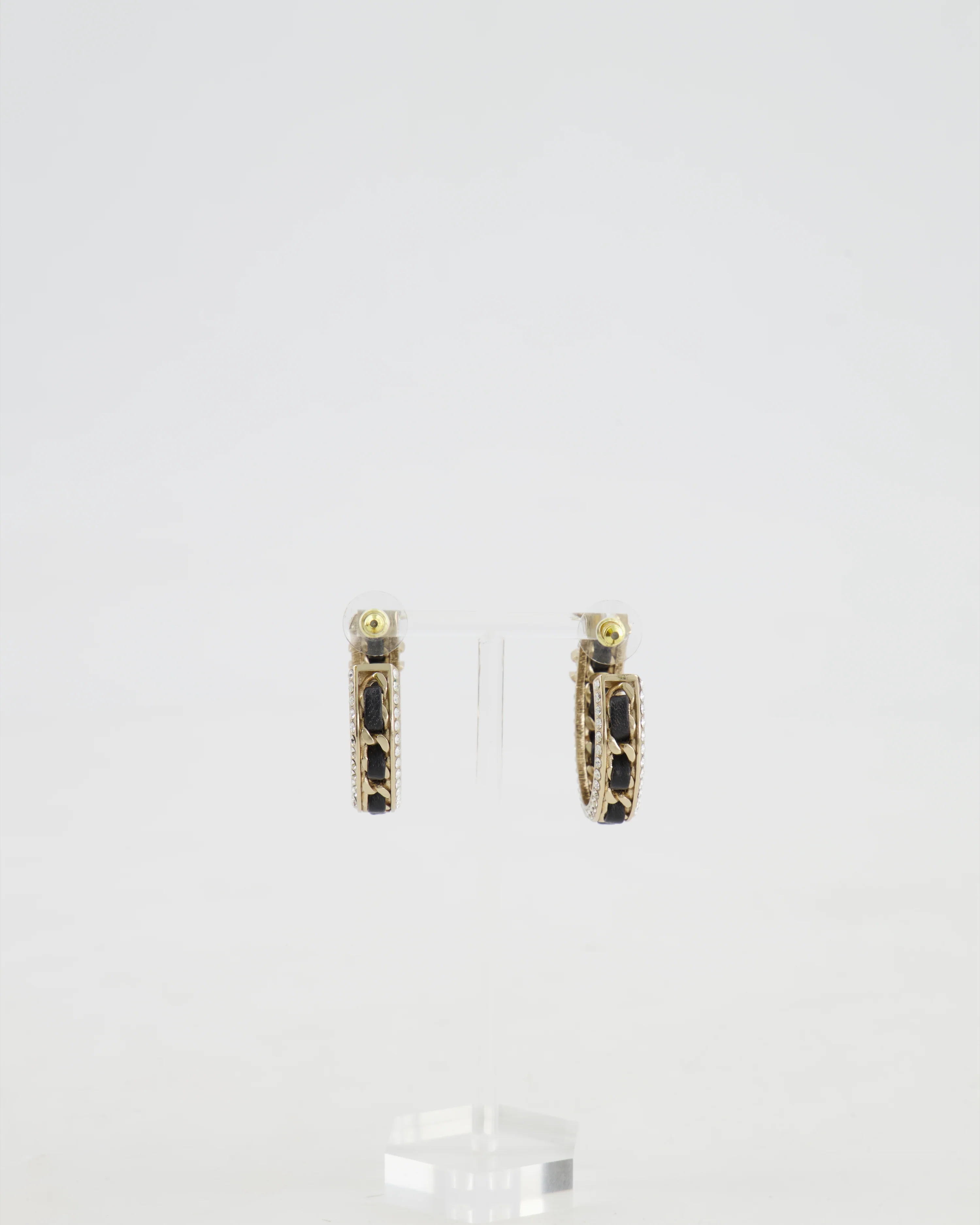 Chanel 2023 Gold, Black Leather and Crystal Embellished CC Logo Hoop Earrings - Image 4