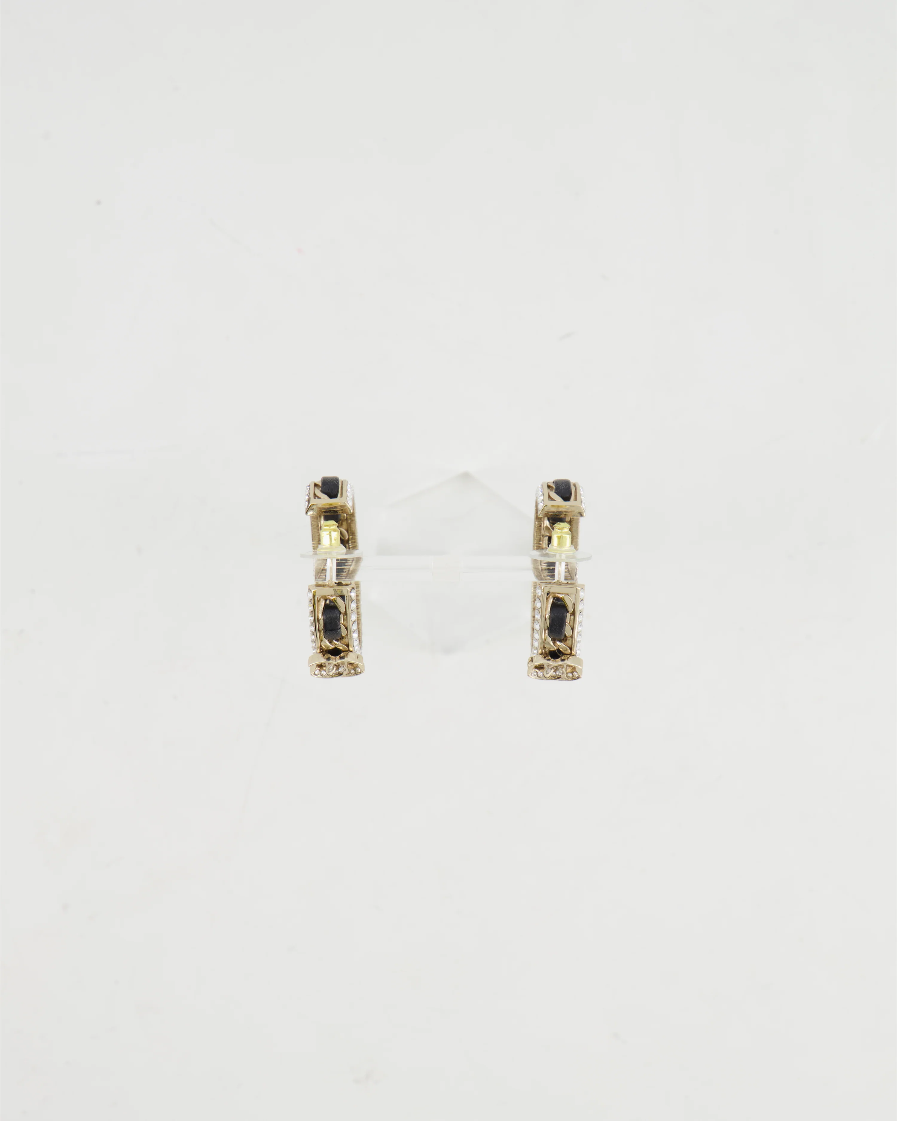Chanel 2023 Gold, Black Leather and Crystal Embellished CC Logo Hoop Earrings - Image 5
