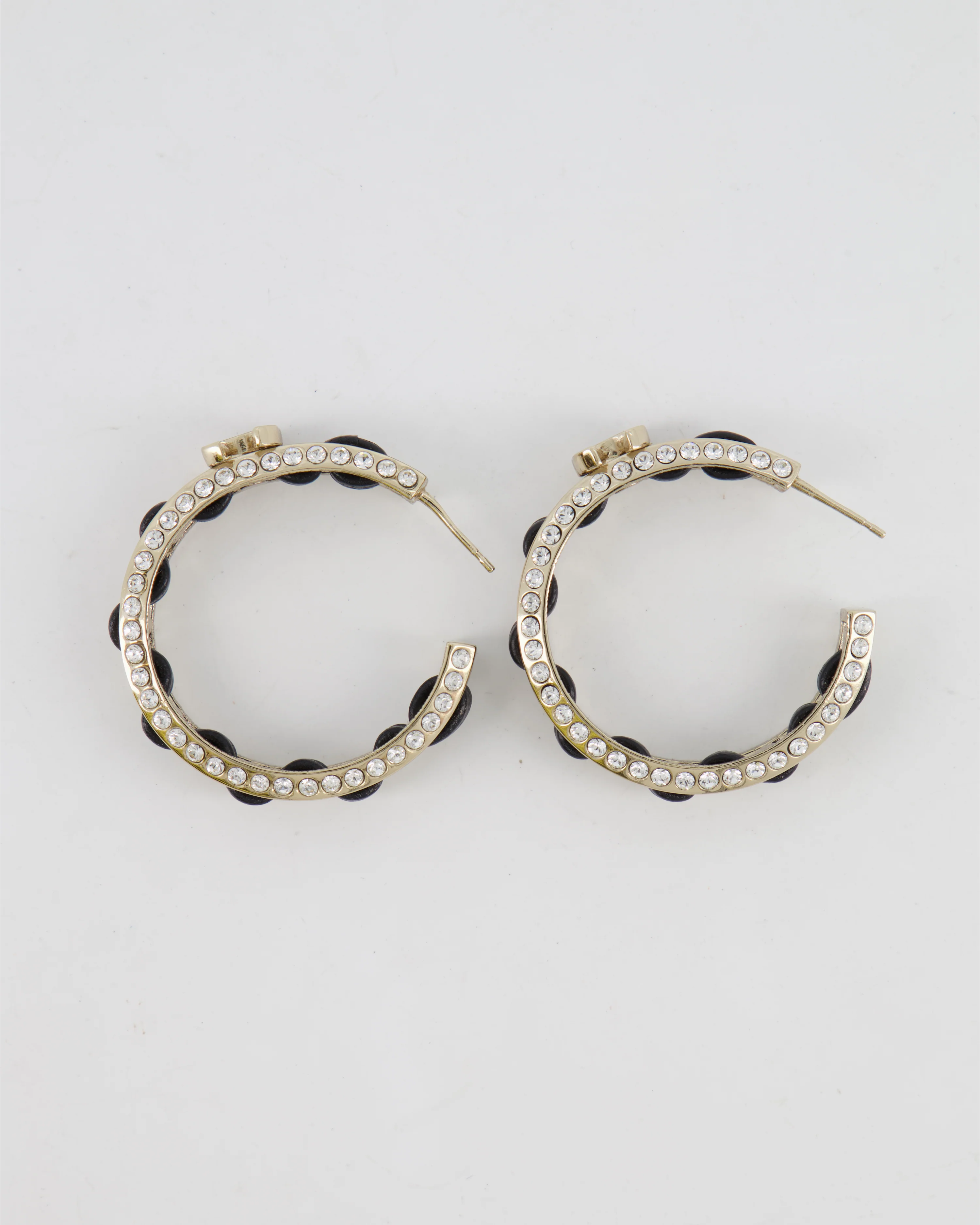 Chanel 2023 Gold, Black Leather and Crystal Embellished CC Logo Hoop Earrings - Image 6