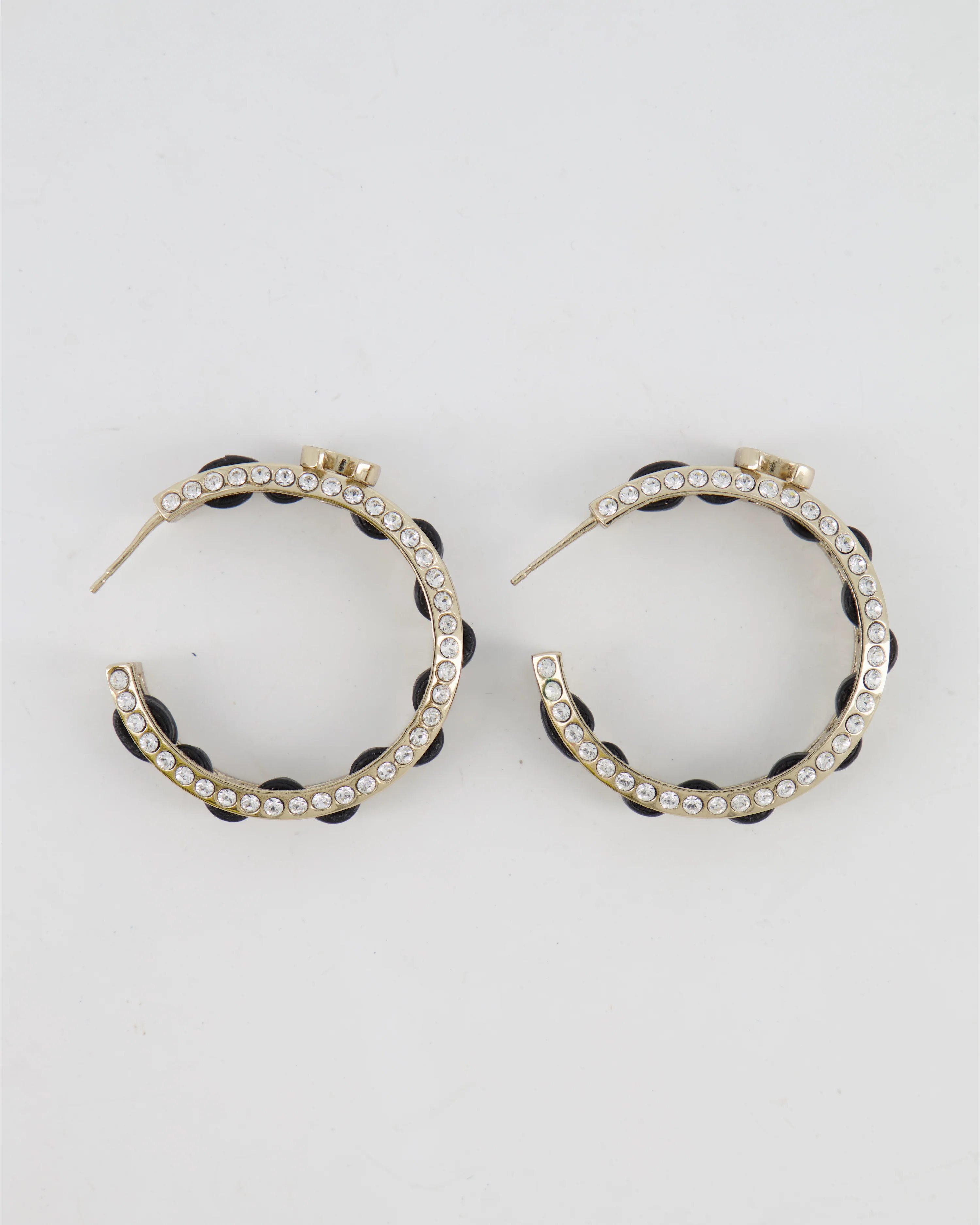 Chanel 2023 Gold, Black Leather and Crystal Embellished CC Logo Hoop Earrings - Image 7
