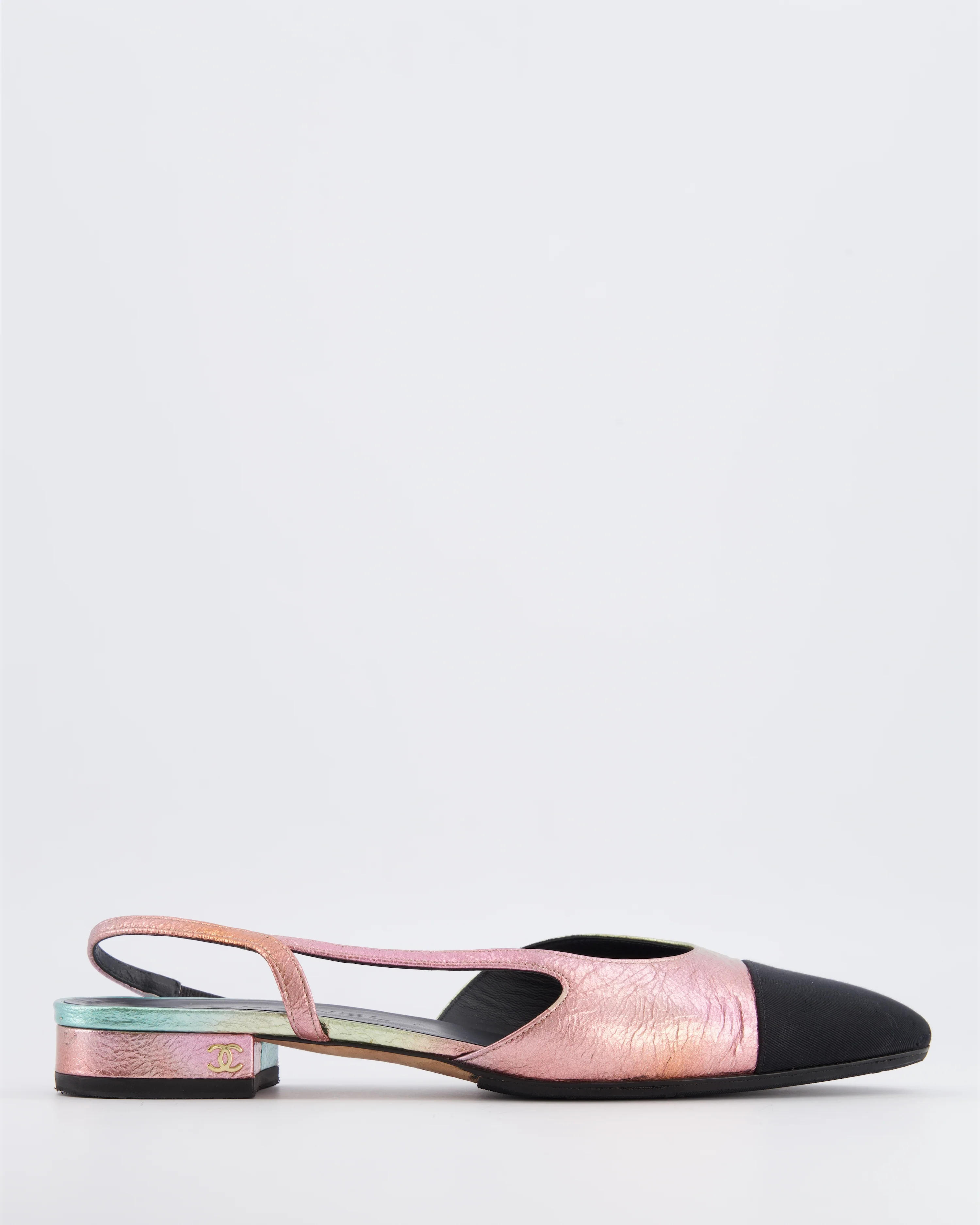Chanel 20A Slingback Flats in Multi-Colour Laminated Calfskin with Black Grosgrain Cap-Toe and Gold CC Logo Details Size EU 39