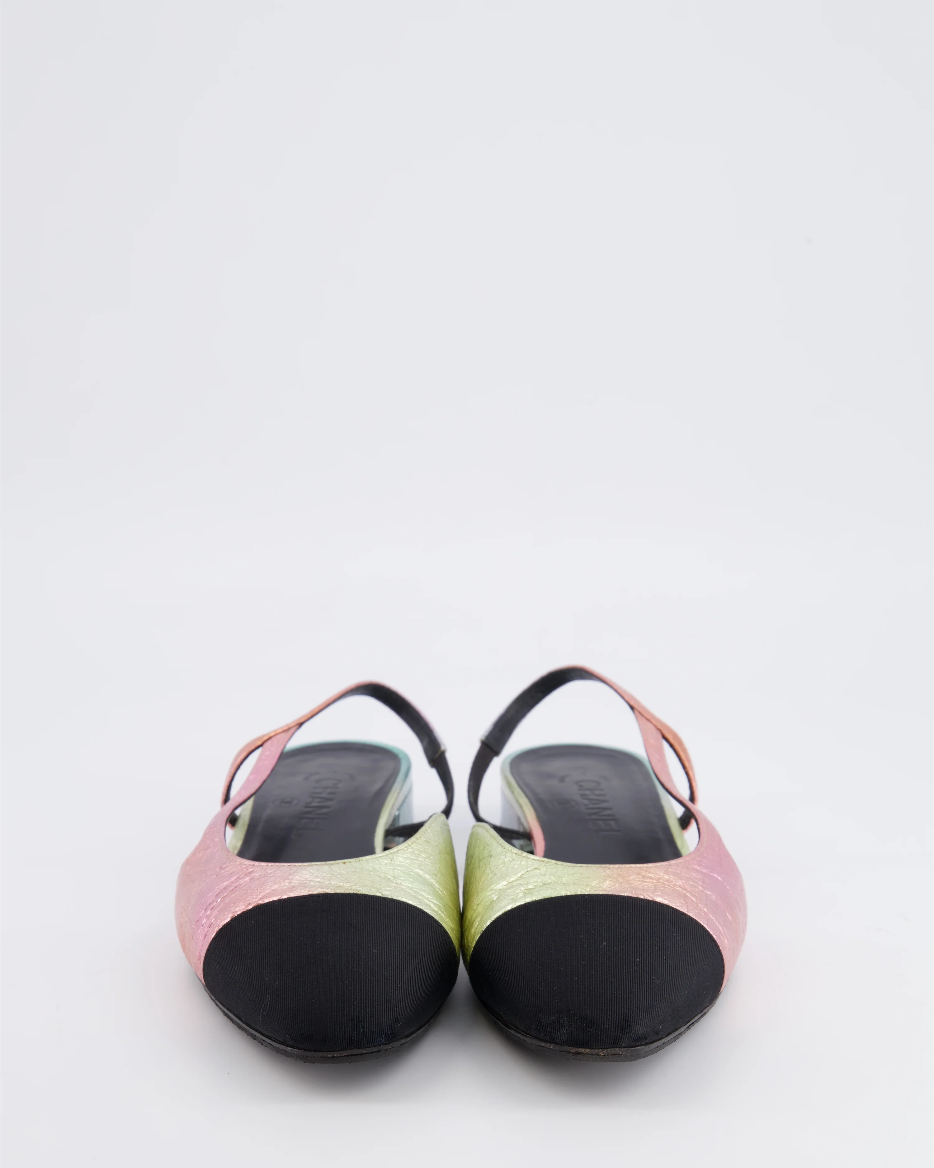 Chanel 20A Slingback Flats in Multi-Colour Laminated Calfskin with Black Grosgrain Cap-Toe and Gold CC Logo Details Size EU 39 - Image 4