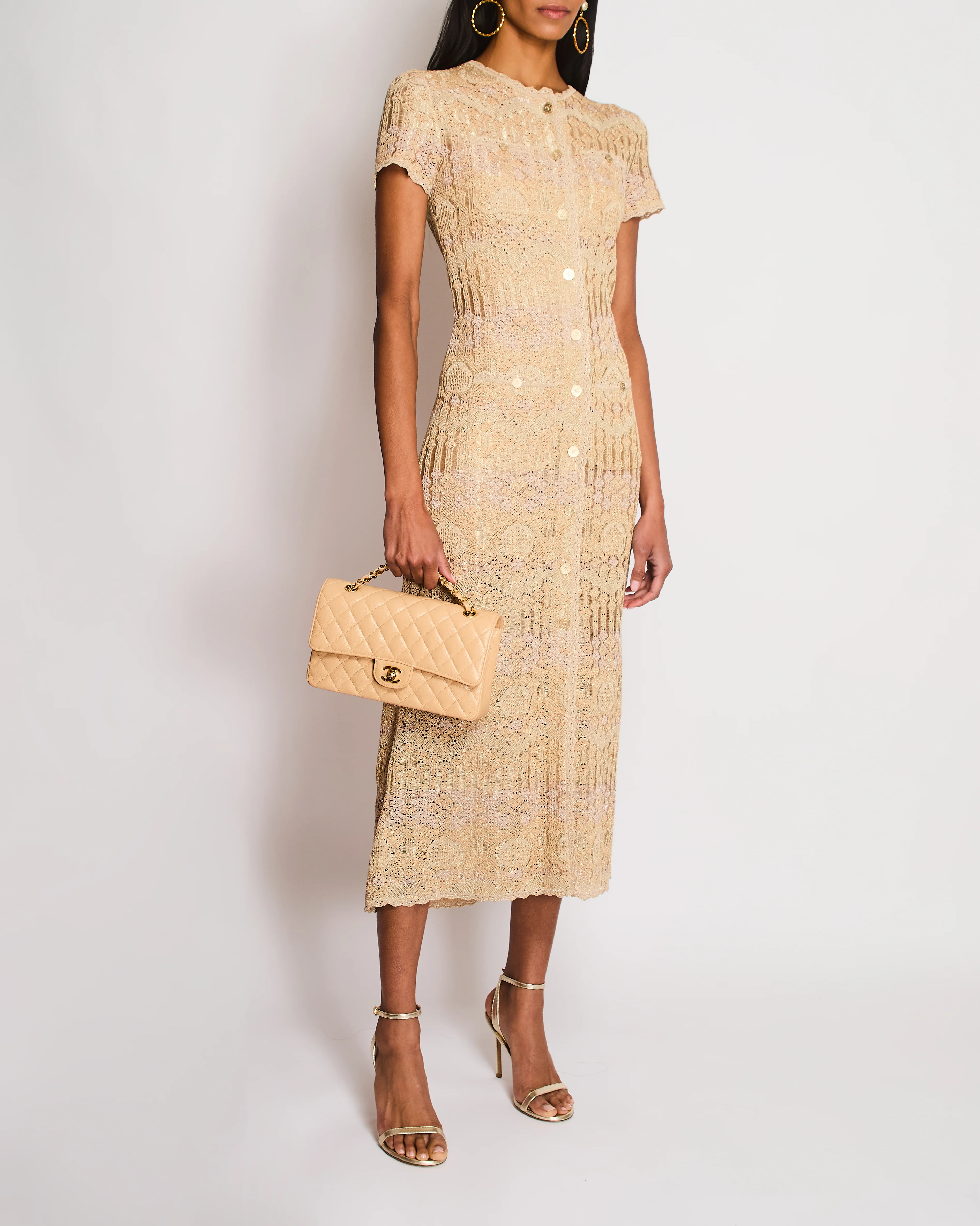 Chanel 21/A Beige Crochet Knitted Short Sleeve Maxi Dress with CC Button Detail Size FR 36 (UK 8)