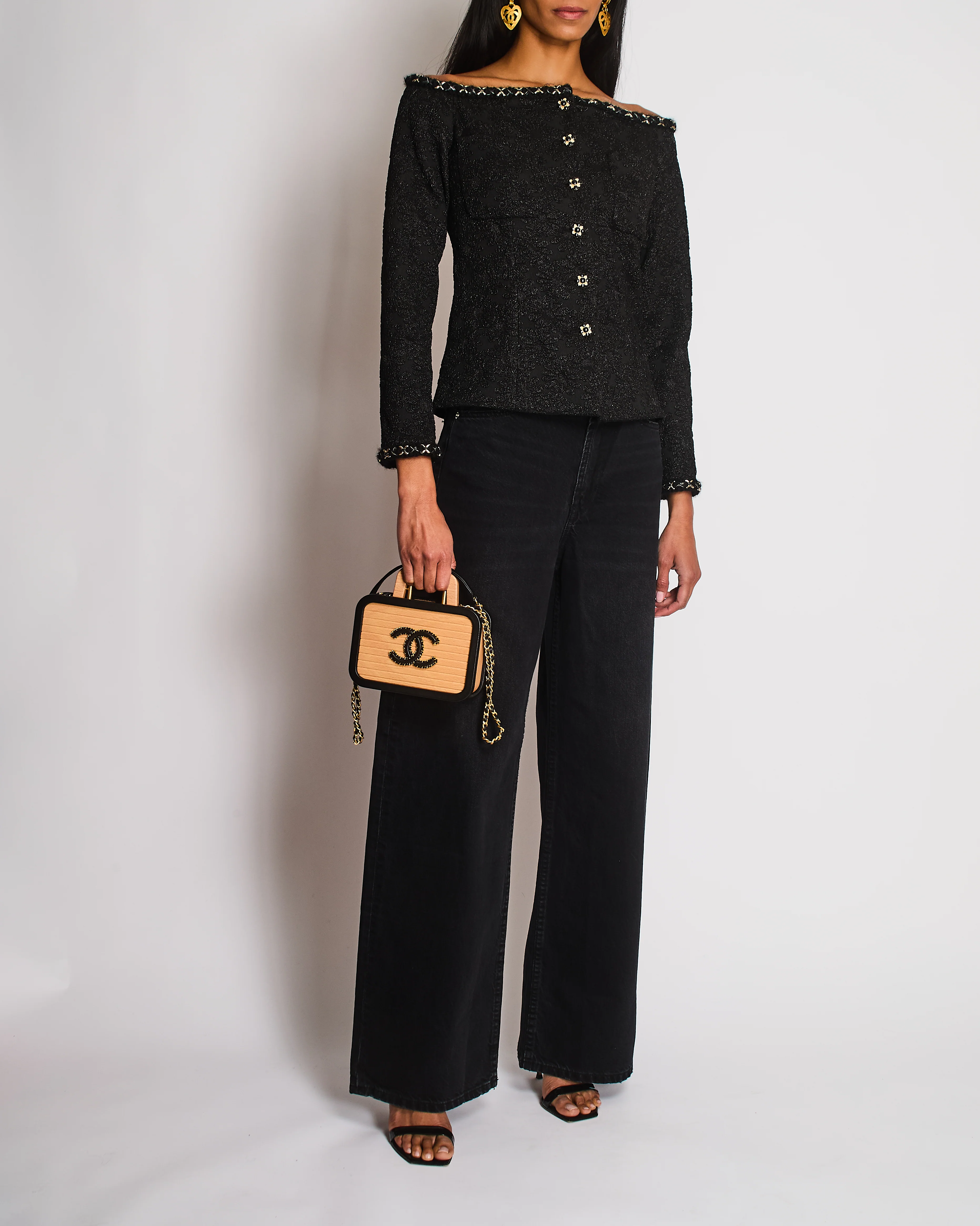 Chanel 21/A Black Off-Shoulder Floral Top with Chain Trim Detail Size FR 36 (UK 8)