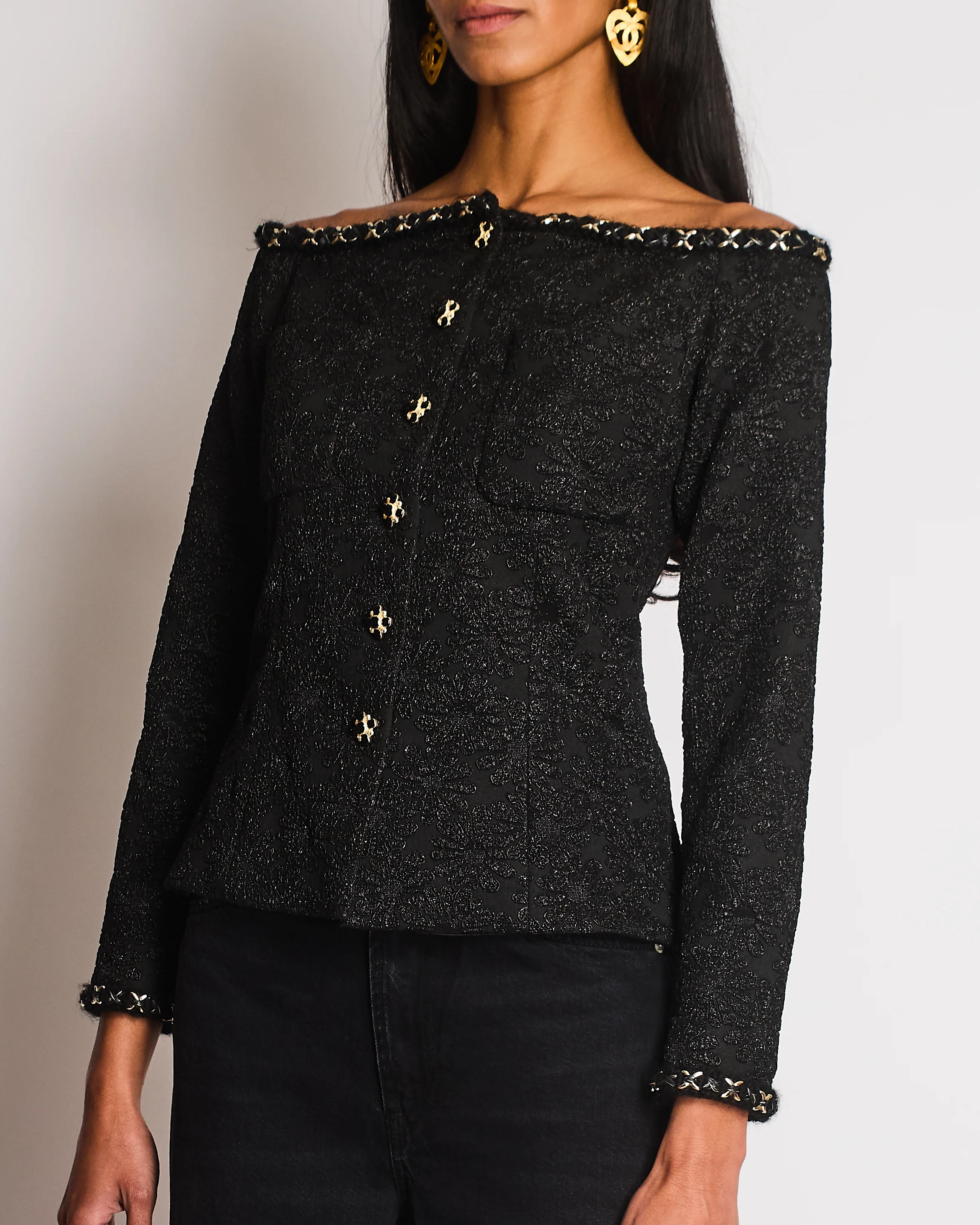 Chanel 21/A Black Off-Shoulder Floral Top with Chain Trim Detail Size FR 36 (UK 8) - Image 2