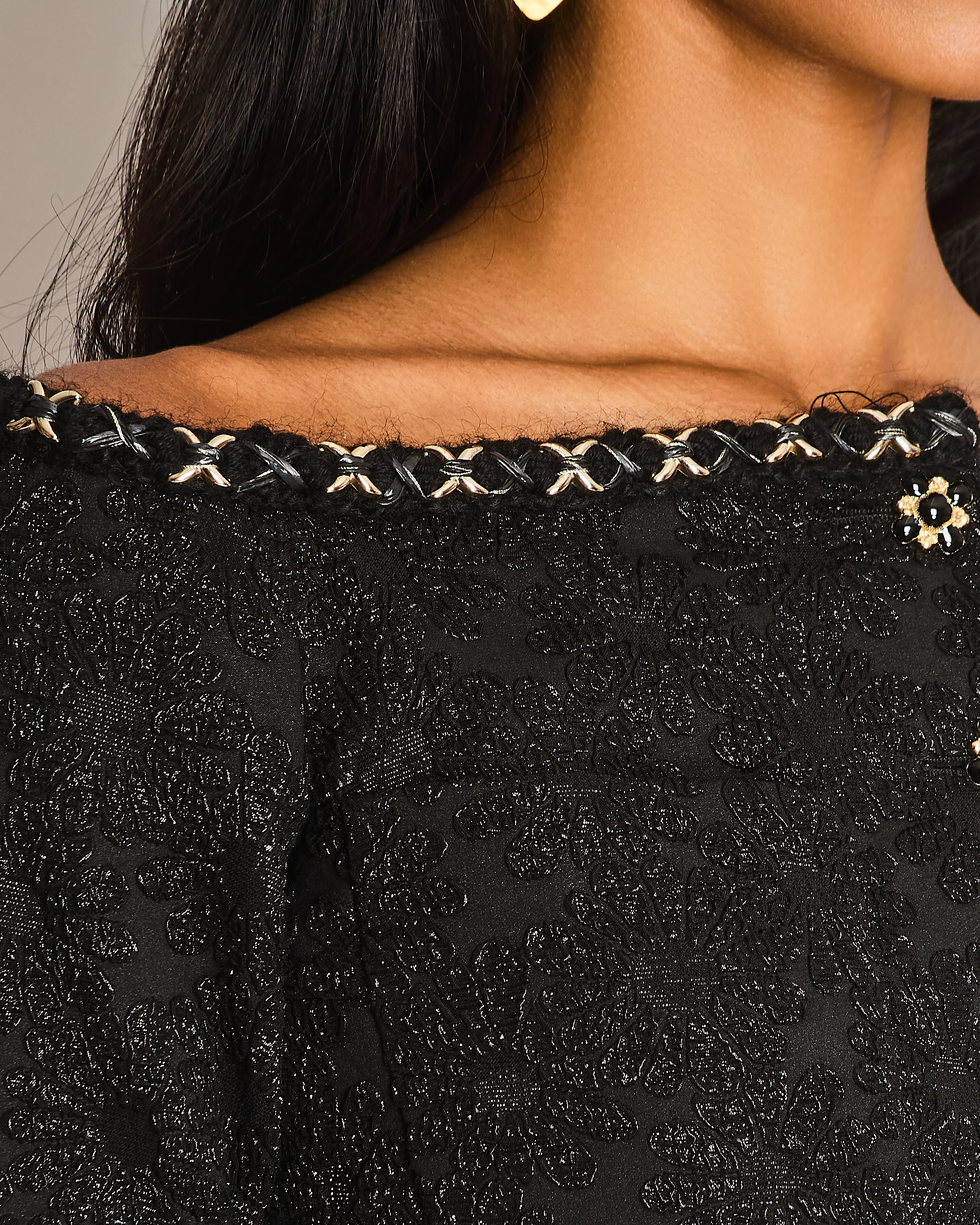 Chanel 21/A Black Off-Shoulder Floral Top with Chain Trim Detail Size FR 36 (UK 8) - Image 3