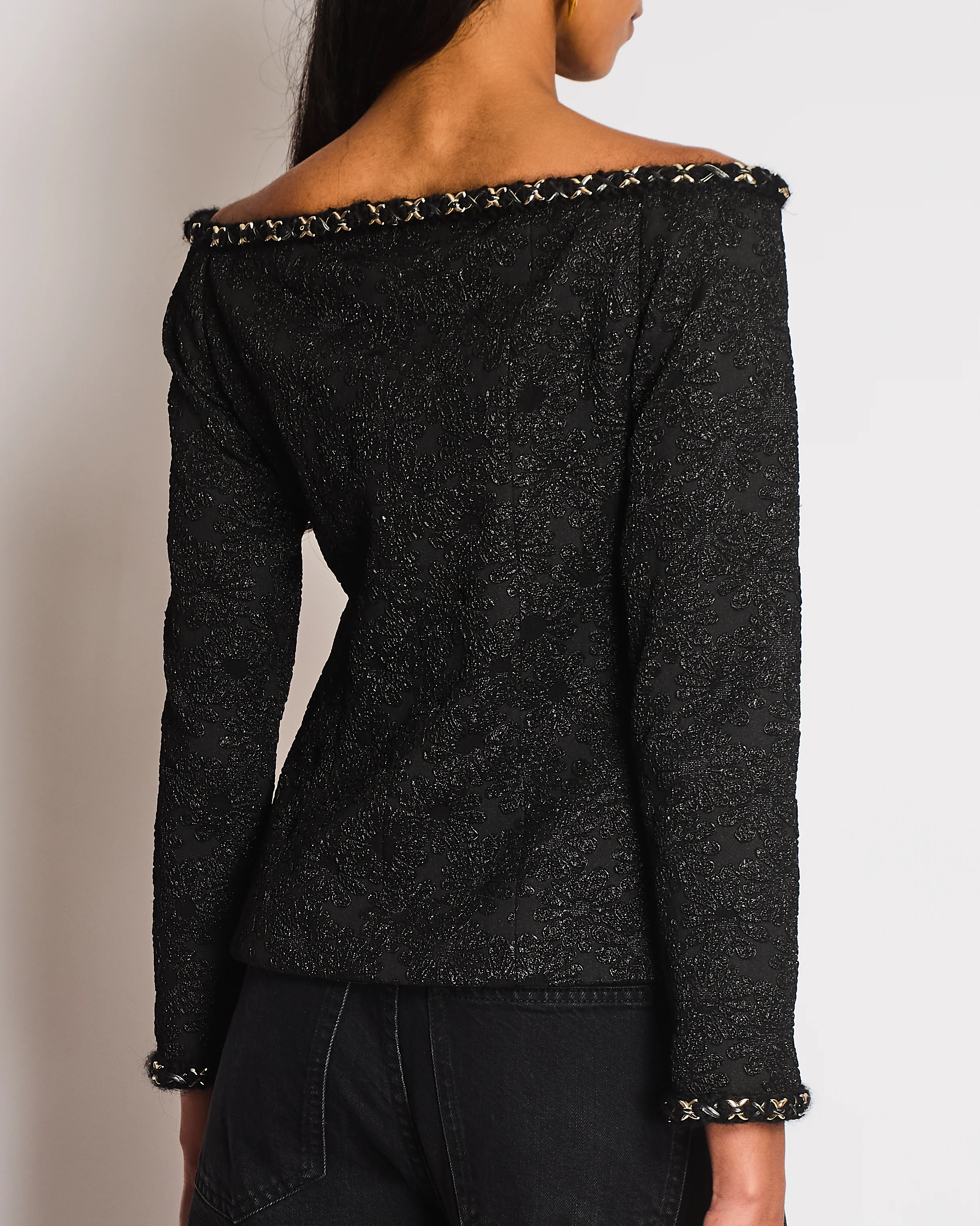 Chanel 21/A Black Off-Shoulder Floral Top with Chain Trim Detail Size FR 36 (UK 8) - Image 5