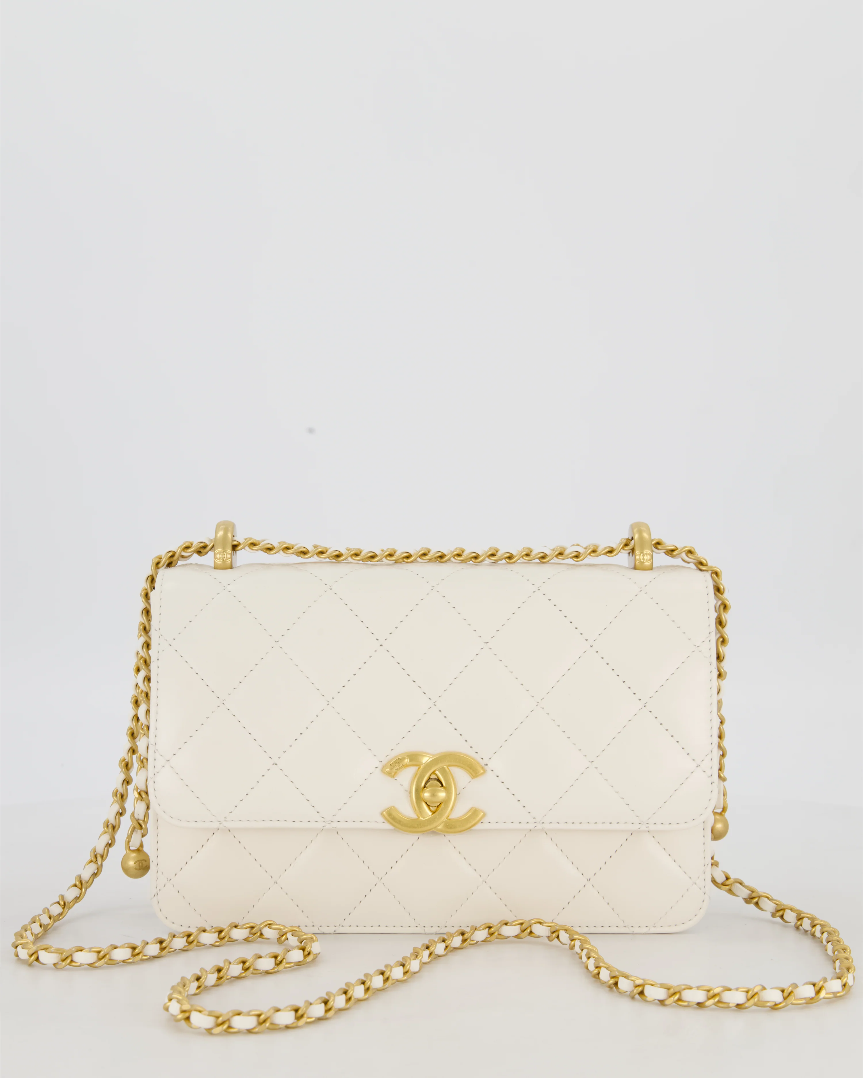 Chanel 21/A White Small Quilted Flap Bag with CC Logo Chain Detail