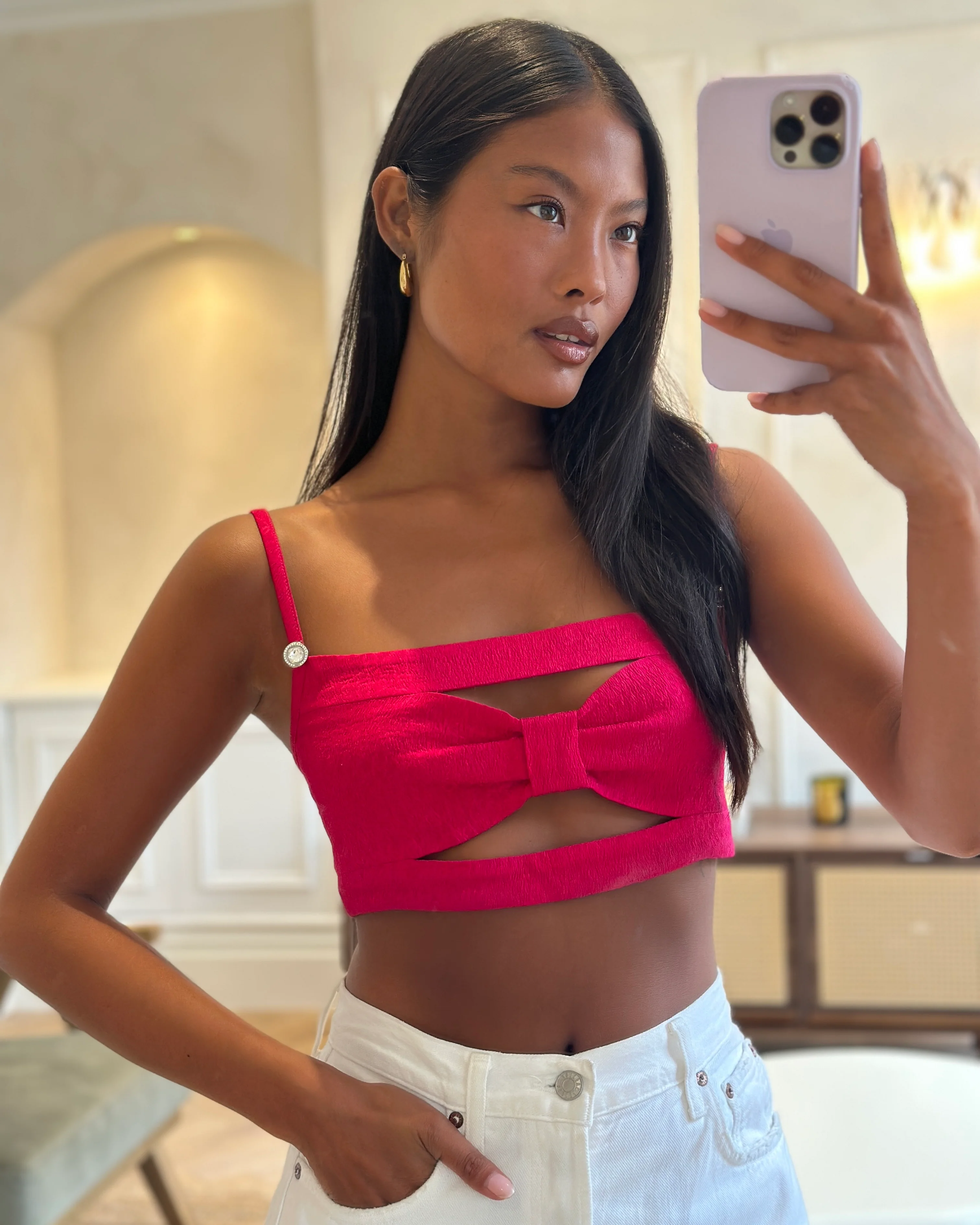 Chanel 21K Raspberry Pink Silk CC Logo Printed Bralette Top with Crystal Details Size FR 38 (UK 10) - Image 5