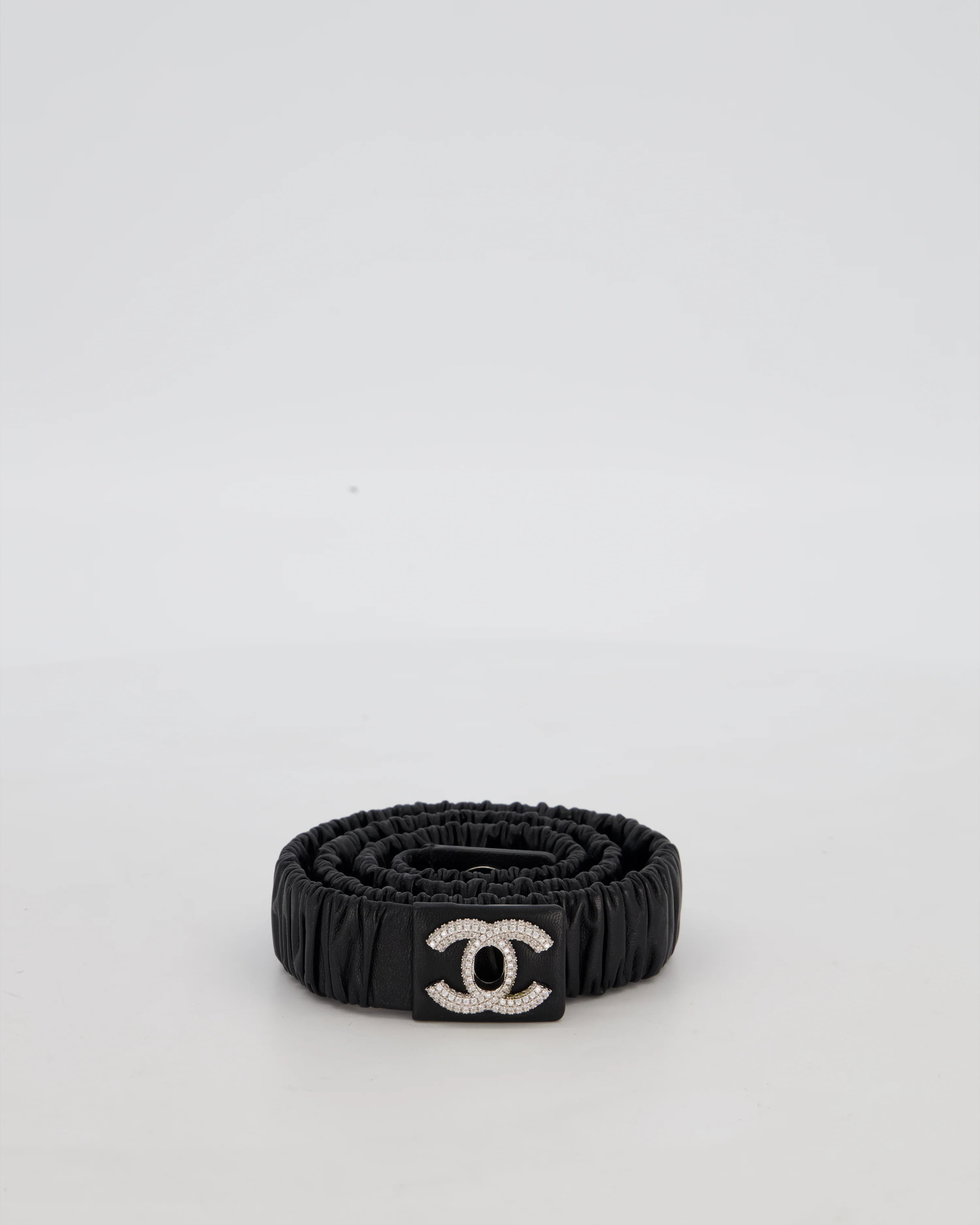 Chanel 22/B Black Ruched Belt with Diamante CC Logo Detail Size 80cm
