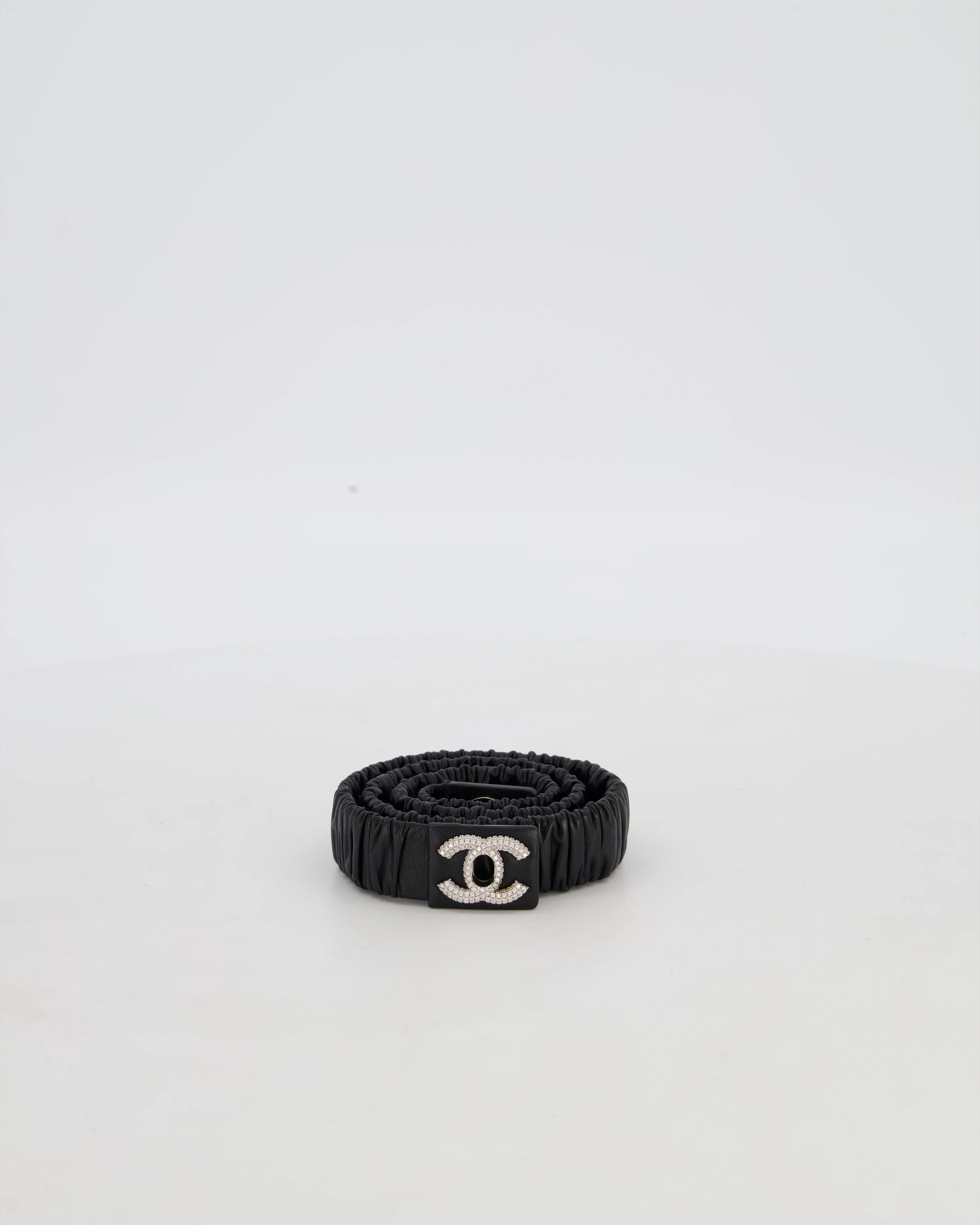 Chanel 22/B Black Ruched Belt with Diamante CC Logo Detail Size 80cm - Image 2