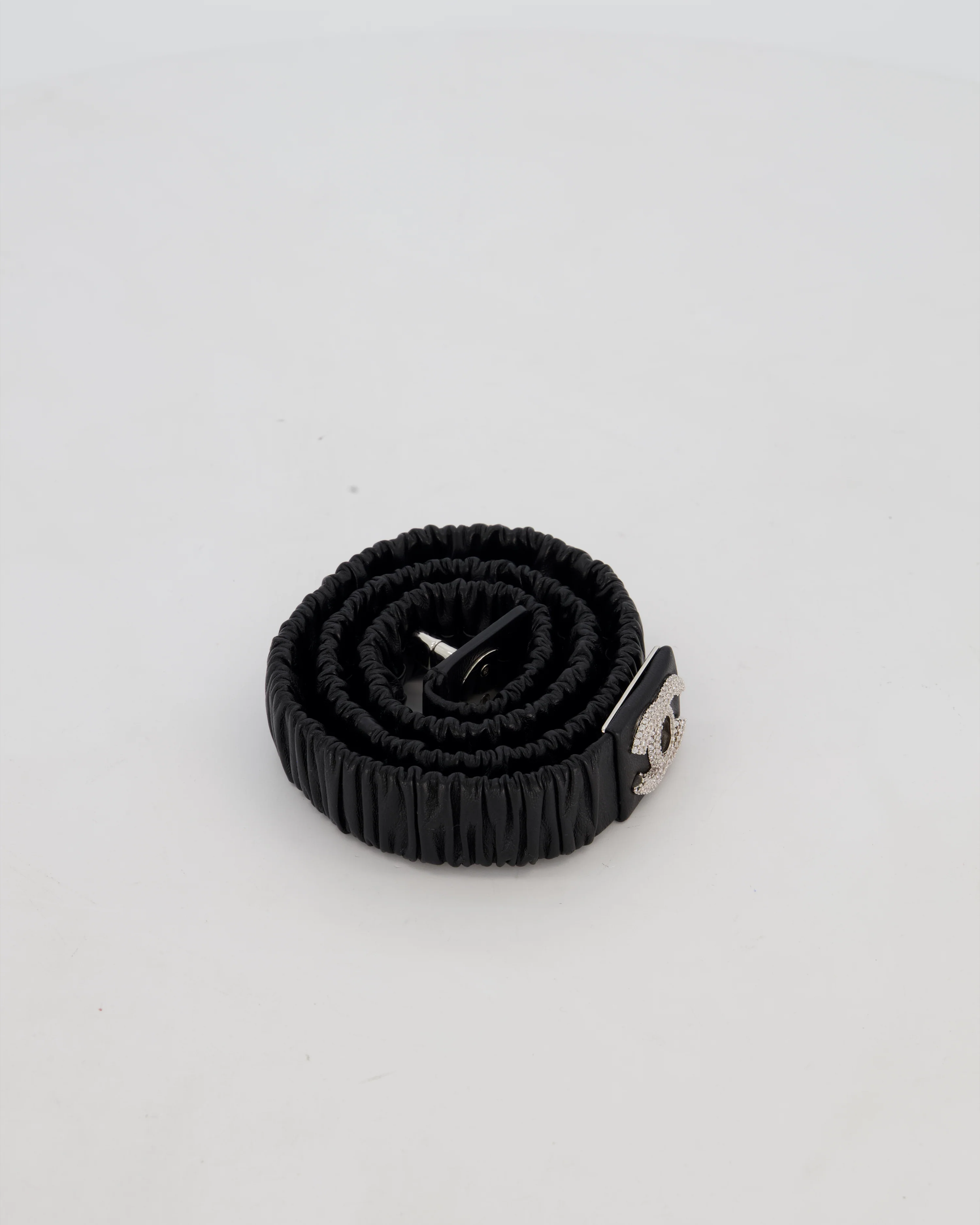 Chanel 22/B Black Ruched Belt with Diamante CC Logo Detail Size 80cm - Image 3