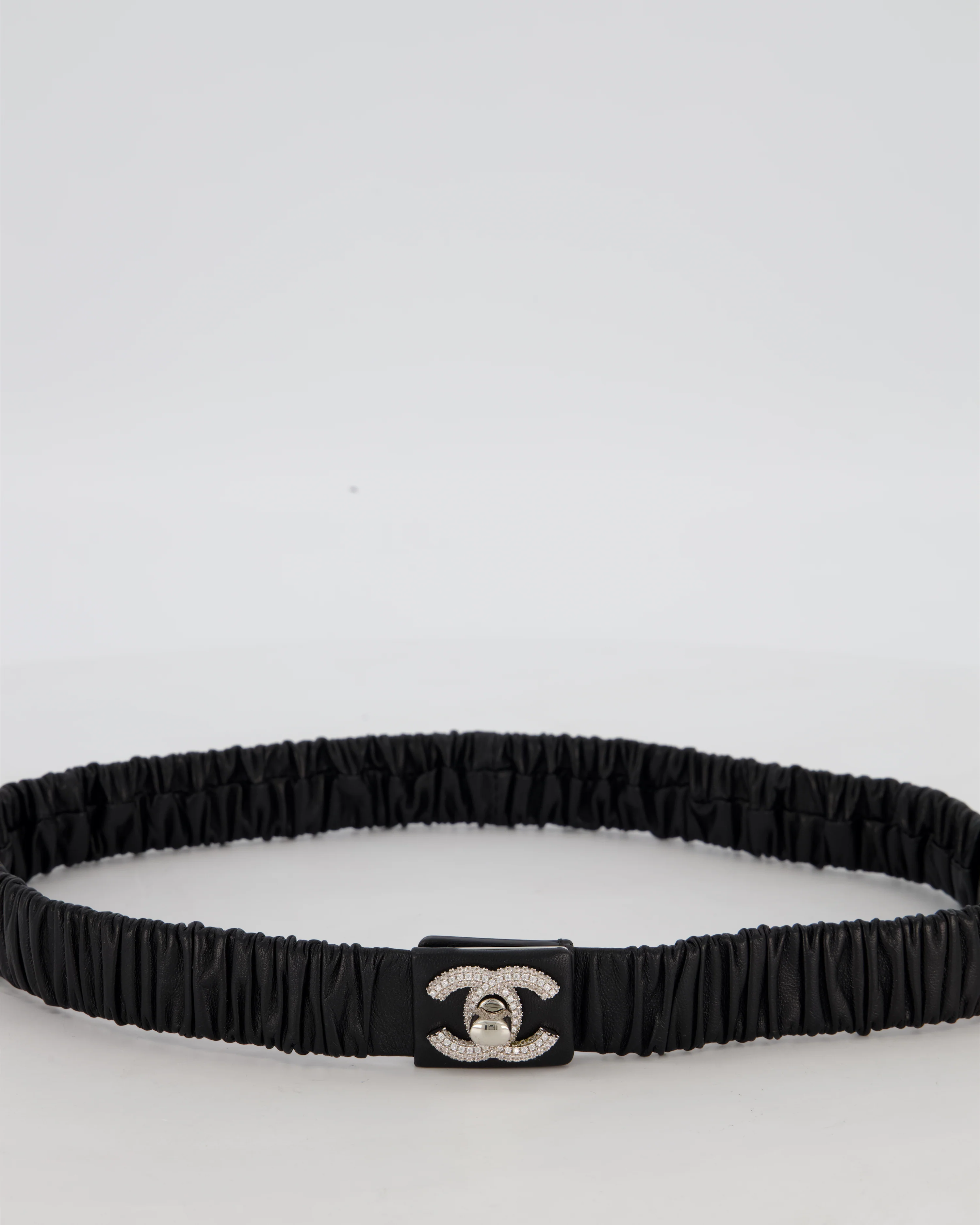 Chanel 22/B Black Ruched Belt with Diamante CC Logo Detail Size 80cm - Image 4