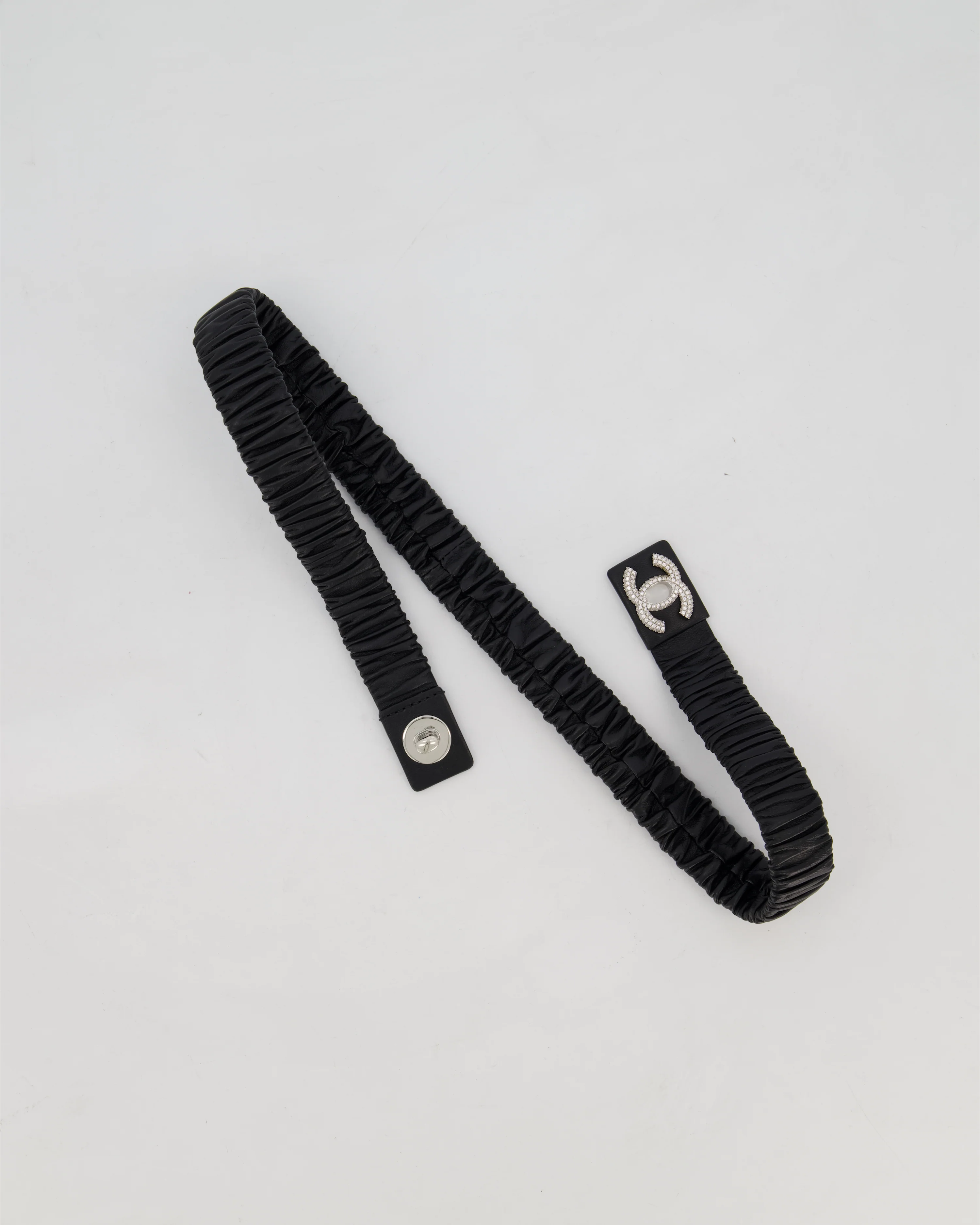 Chanel 22/B Black Ruched Belt with Diamante CC Logo Detail Size 80cm - Image 6