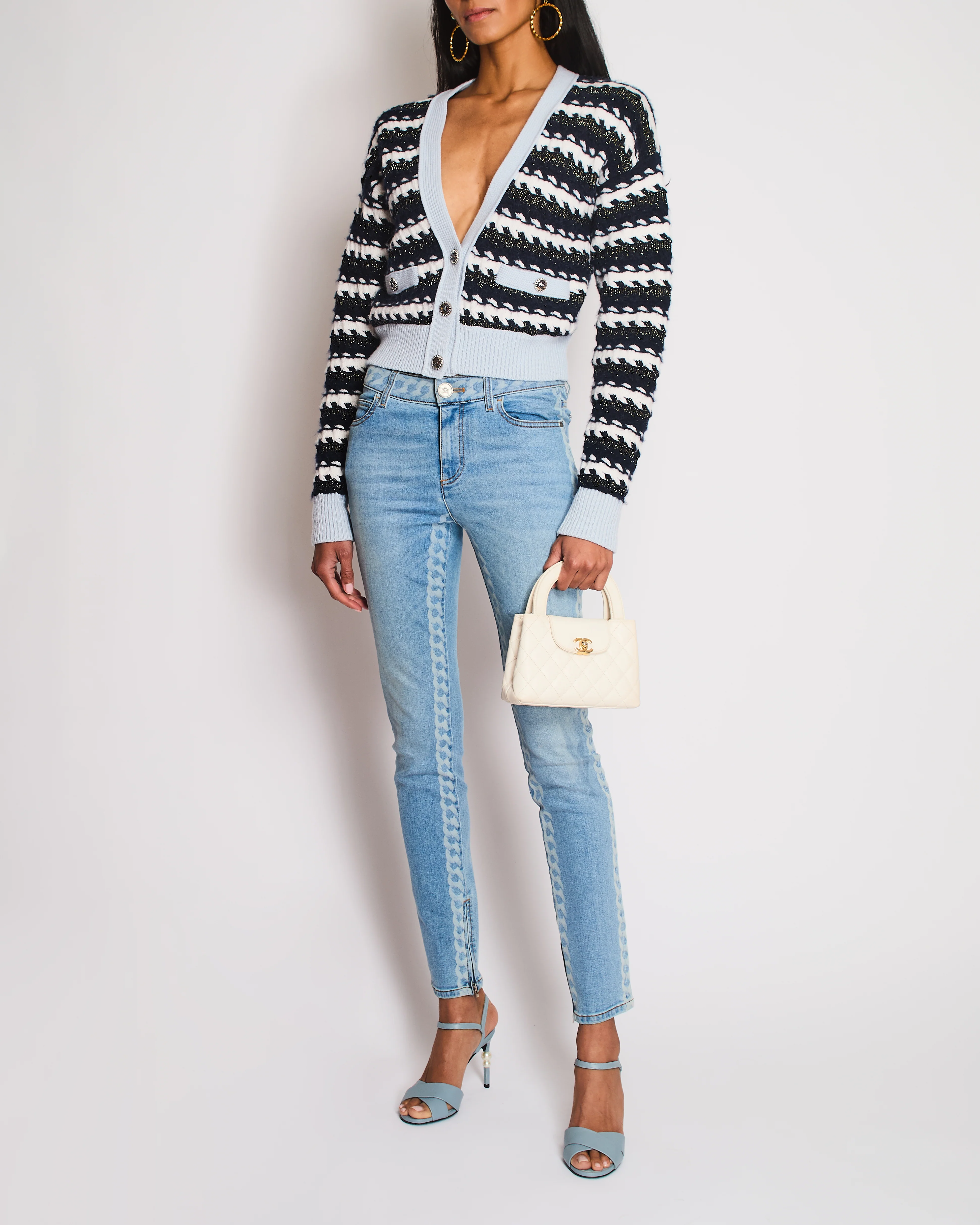 Chanel 22/B Blue Cropped Cardigan with CC Button Detail Size FR 34 (UK 6)
