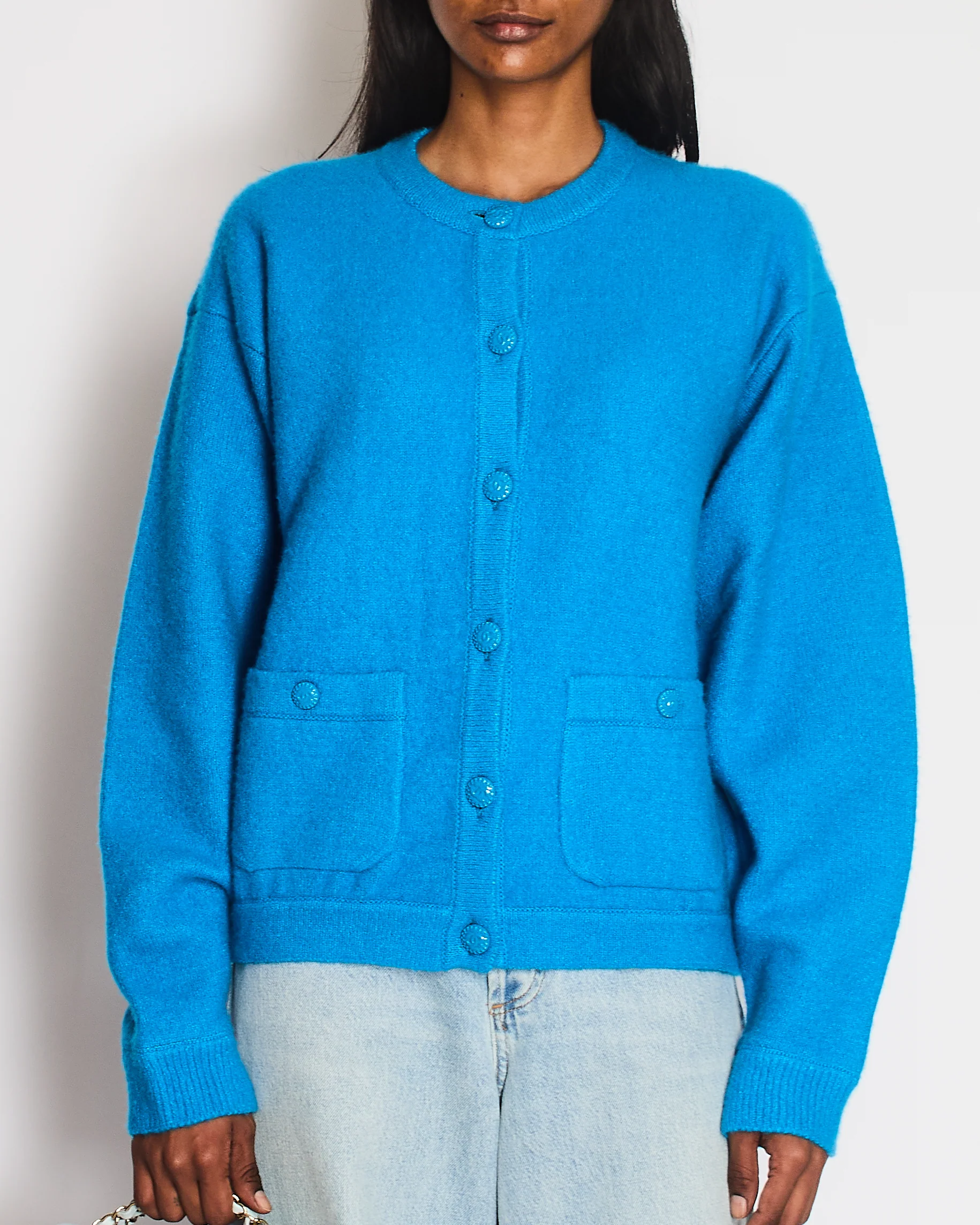 Chanel 22/B Blue Round Neck Button Down Cardigan with CC Button Detail FR 40 (UK 12)