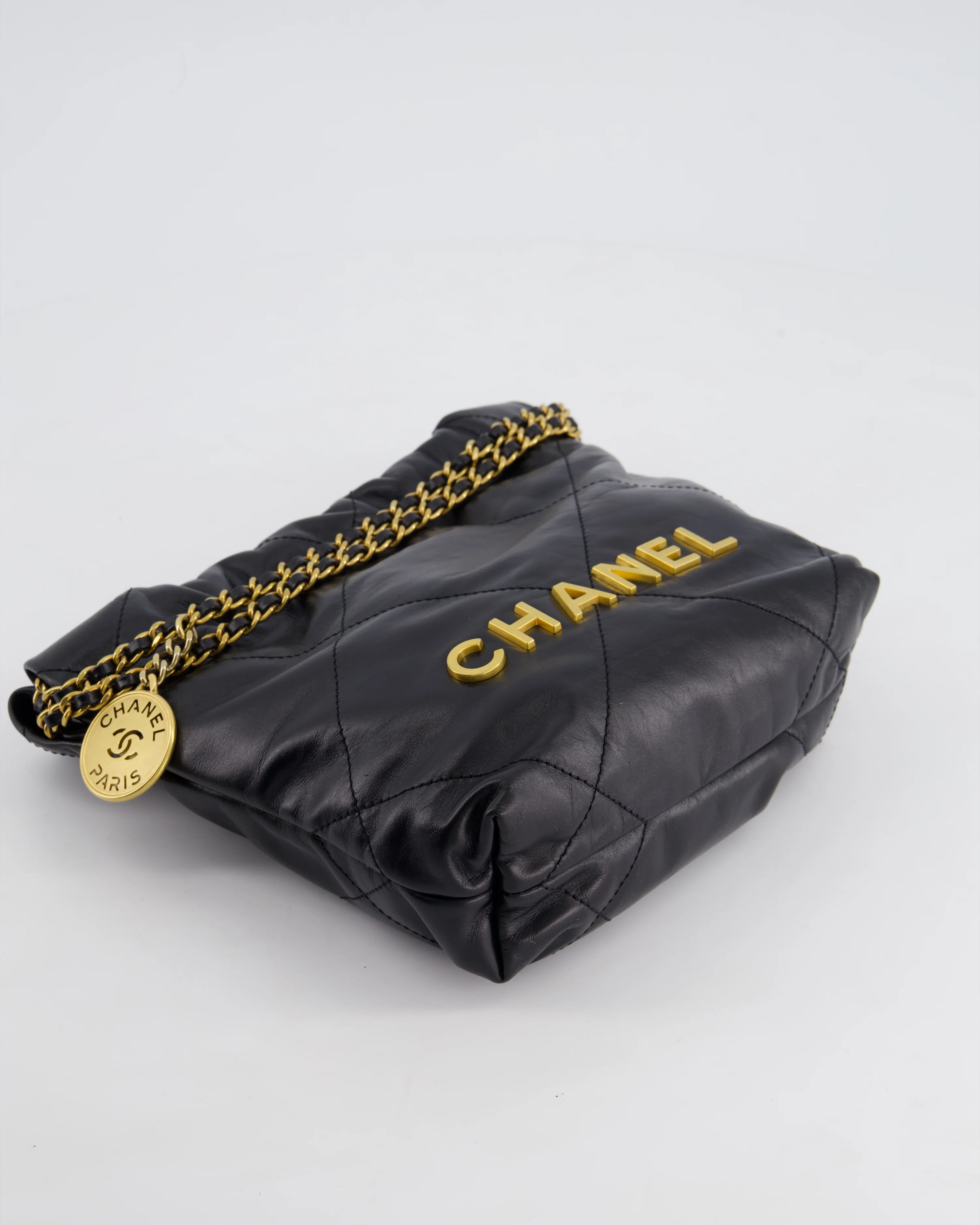 Chanel 22 Mini Hobo Bag in Black Shiny Lambskin with Brushed Gold Hardware - Image 17