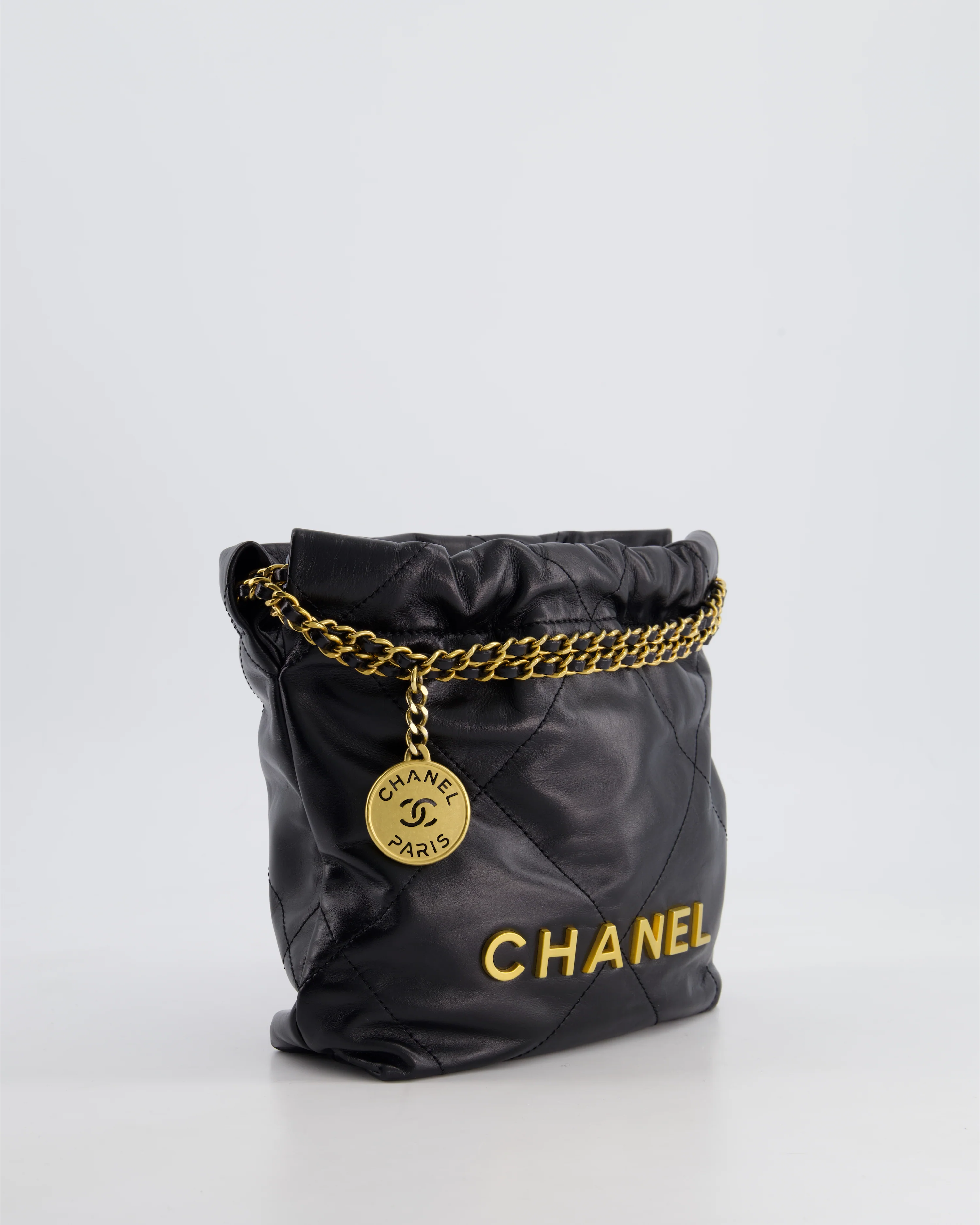Chanel 22 Mini Hobo Bag in Black Shiny Lambskin with Brushed Gold Hardware - Image 4
