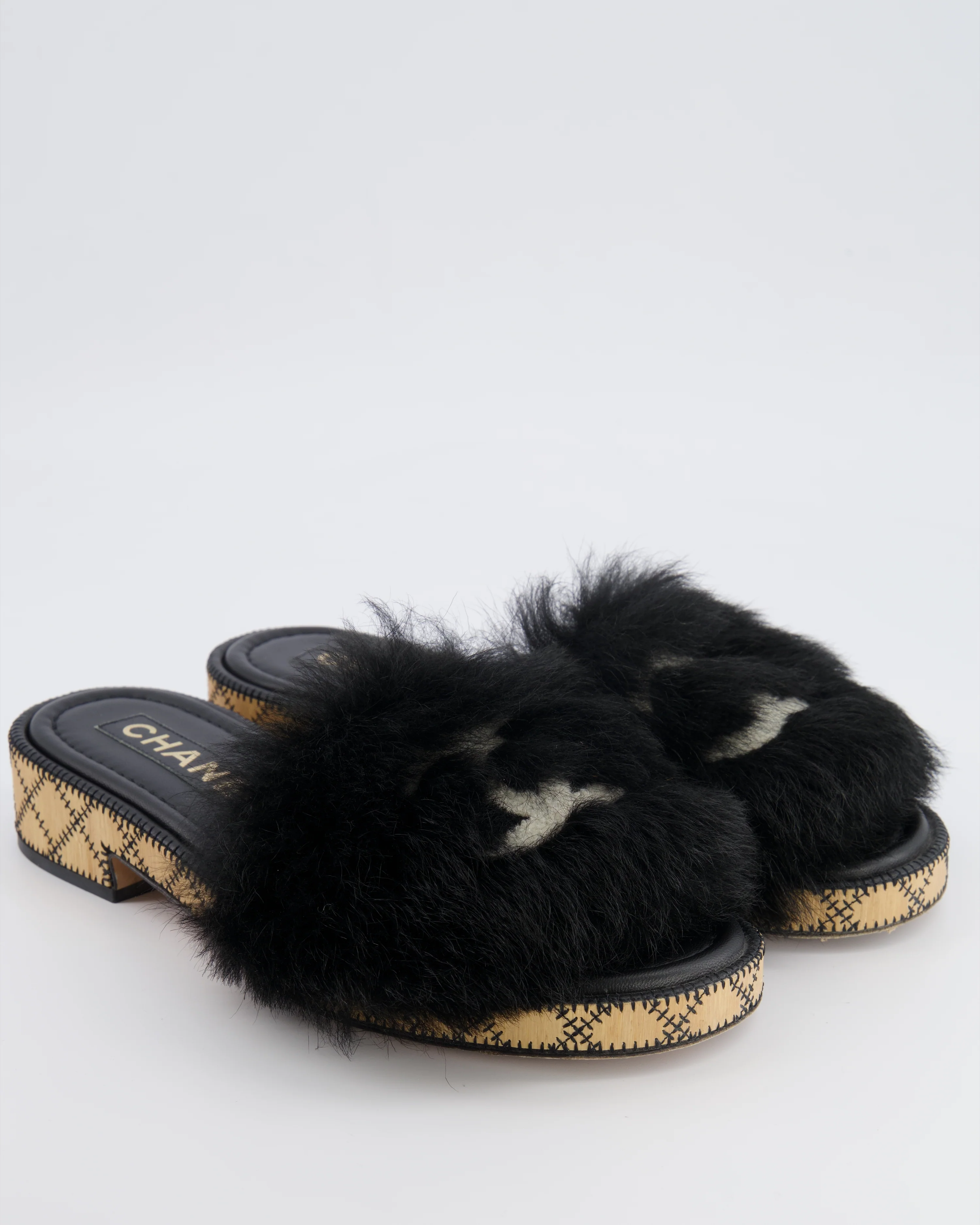 Chanel 22B Black Shearling Mules with CC Logo Details and Wooden Sole Size 39 - Image 2